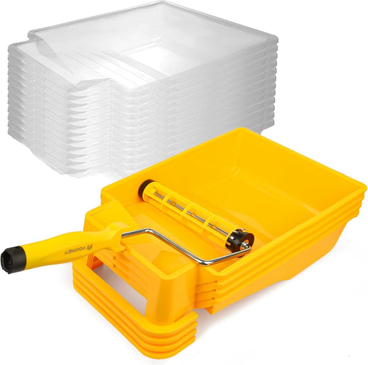 VOOMEY 9 Inch Foot-Operated Paint Tray，Paint Roller Frame,12 Pcs Paint Tray Liner with 4 Set Paint Roller Trays，House Painting Supplies