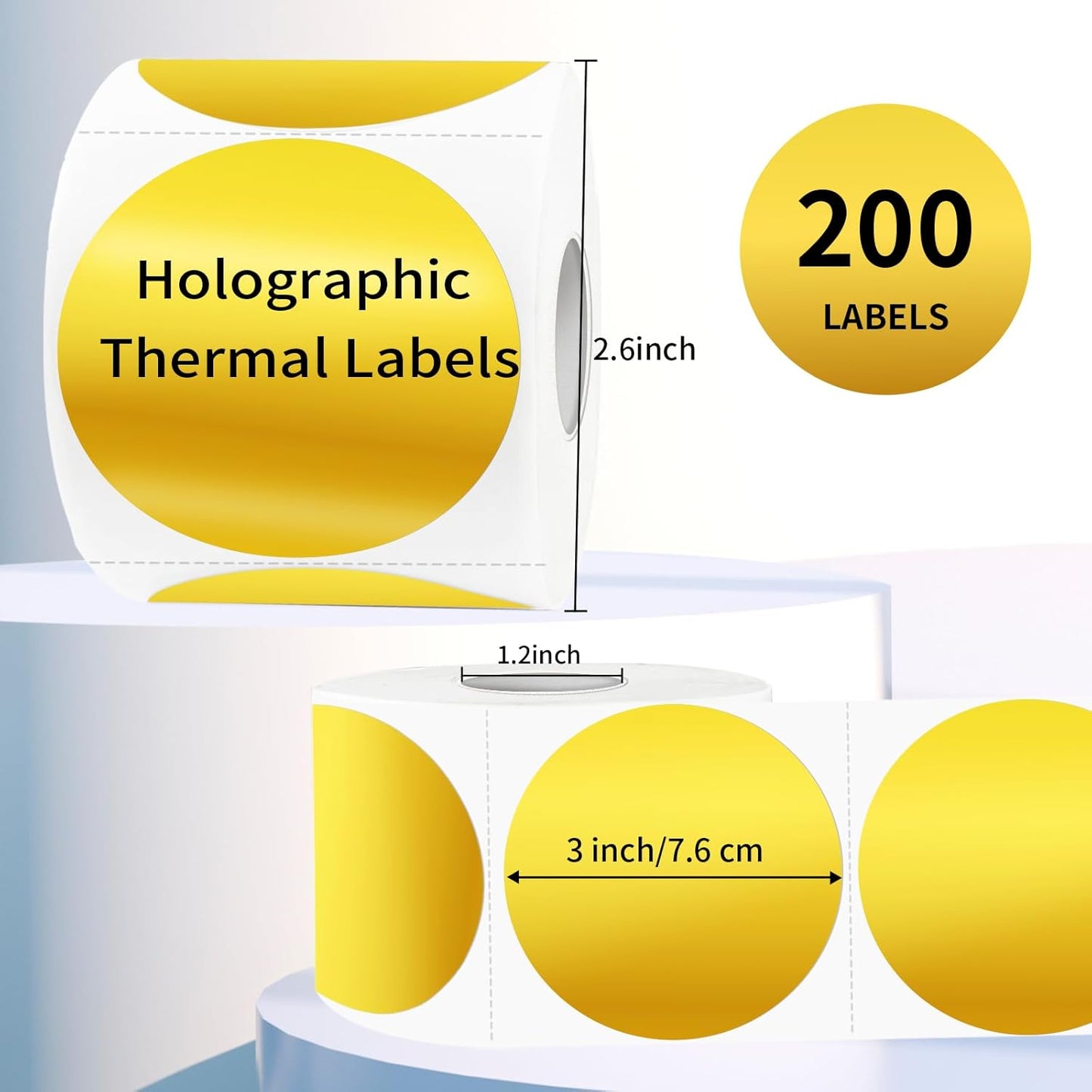 3" Holographic Direct Thermal Label Stickers, Round Printable Rainbow Glitter Thermal Printer Sticker Labels for Gift Wrapping, Self-Adhesive DIY Custom Logo Design- Holographic Gold