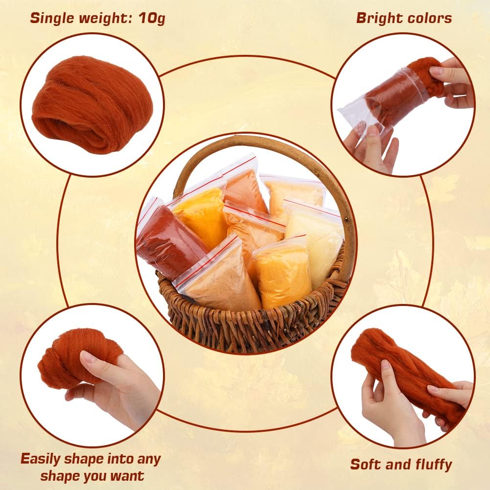 Wonvoc 2.82 oz Needle Felting Wool, 80 g Nature Wool Roving Yarn, Needle Felting Wool Bulk, Hand Spinning Wool Roving Wool Yarn for DIY Craft Materials and Felting Wool Craftsmen, 10g/Color (Autumn)