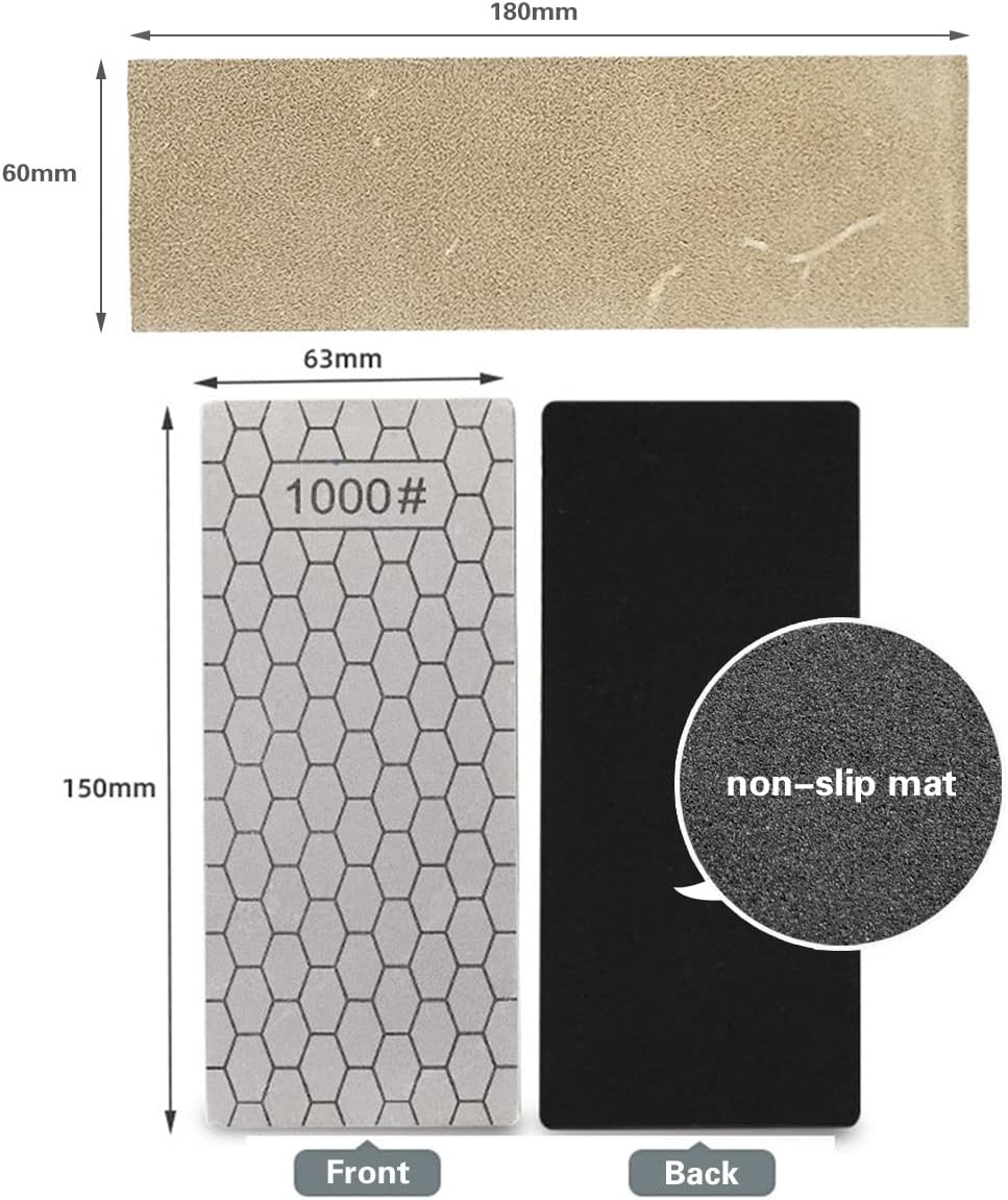 Diamond Sharpening Stone, Knife Sharpener Stone Whetstone Honeycomb Surface Plate with Non-slip Base for Pocket Knives Scissors (320/400/600/1000/1500/2000/3000 Grit，with Angle Guide and Leather)