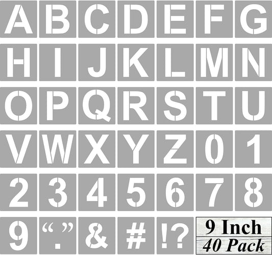 Alphabet Letter and Number Stencils 9 Inch - 40 Pack Large Letters and Numbers Stencil Templates with Signs for Painting on Wood, Reusable Letter Stencils for Chalkboard Signs & Wood Wall Art
