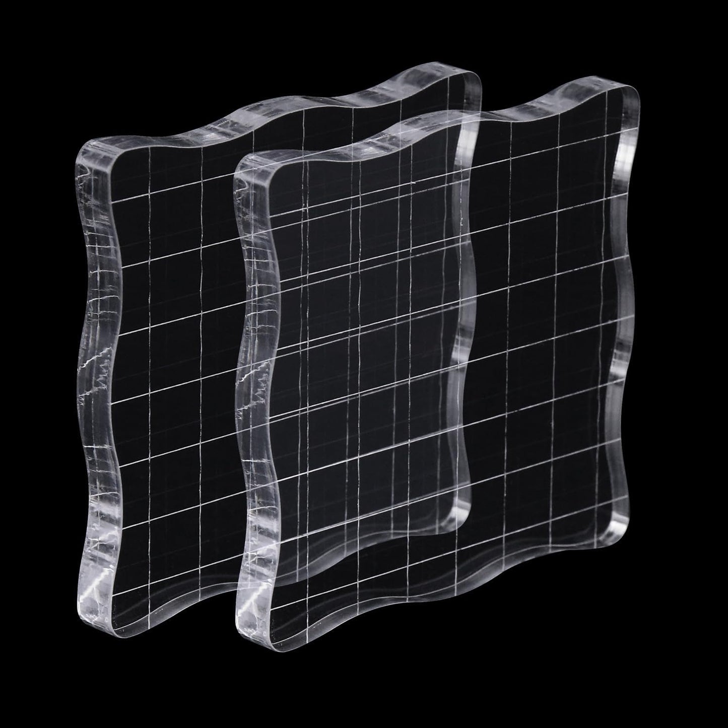 2Pcs Clear Stamp Blocks Set, 3 x 3 Inch Wave-Like Acrylic Blocks for Stamping With Grid Lines - Scrapbooking Crafts Tools