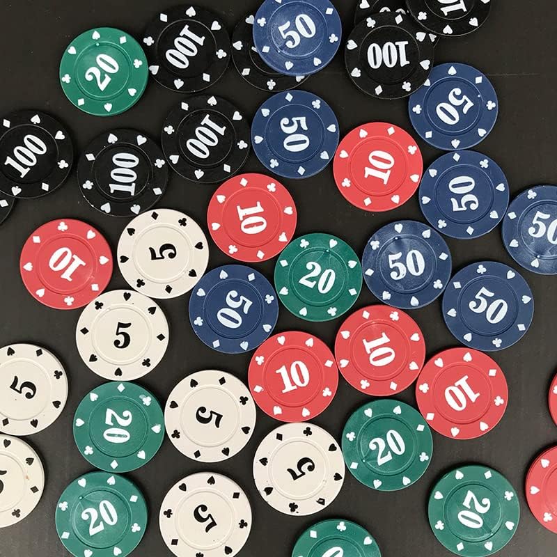 IXIGER Poker Chips,Denomination Poker Chips Set with Black Velvet Pouch Bag,Plastic Learning Counters Disks and Learning Math Counting Chips,Game Night Party Supplies(100pcs)