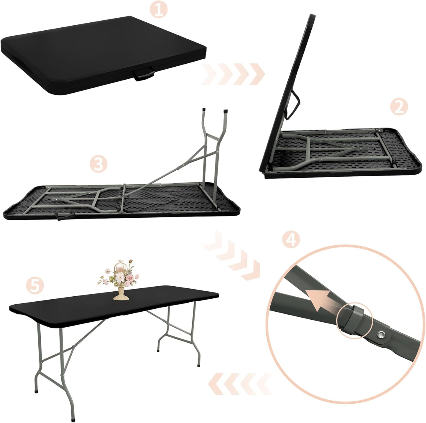 Folding Table 6 FT Camping Table Portable Plastic Rectangular Outdoor Dining Table Steel Legs Fold-in-Half with Carrying Handle for Indoor,Picnic,Party,Wedding,Events(Black)