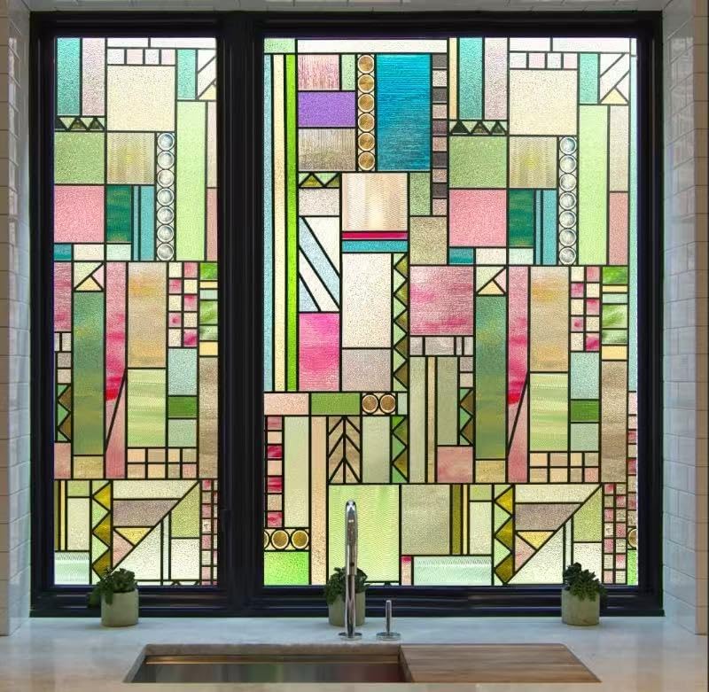 3D Stained Glass Window Privacy Film, Heat Control UV Blocking Static Cling Decorative Window Film for Bathroom,Front Door,Home Non Adhesive,Colorblock 16.9 x 39.3 inches