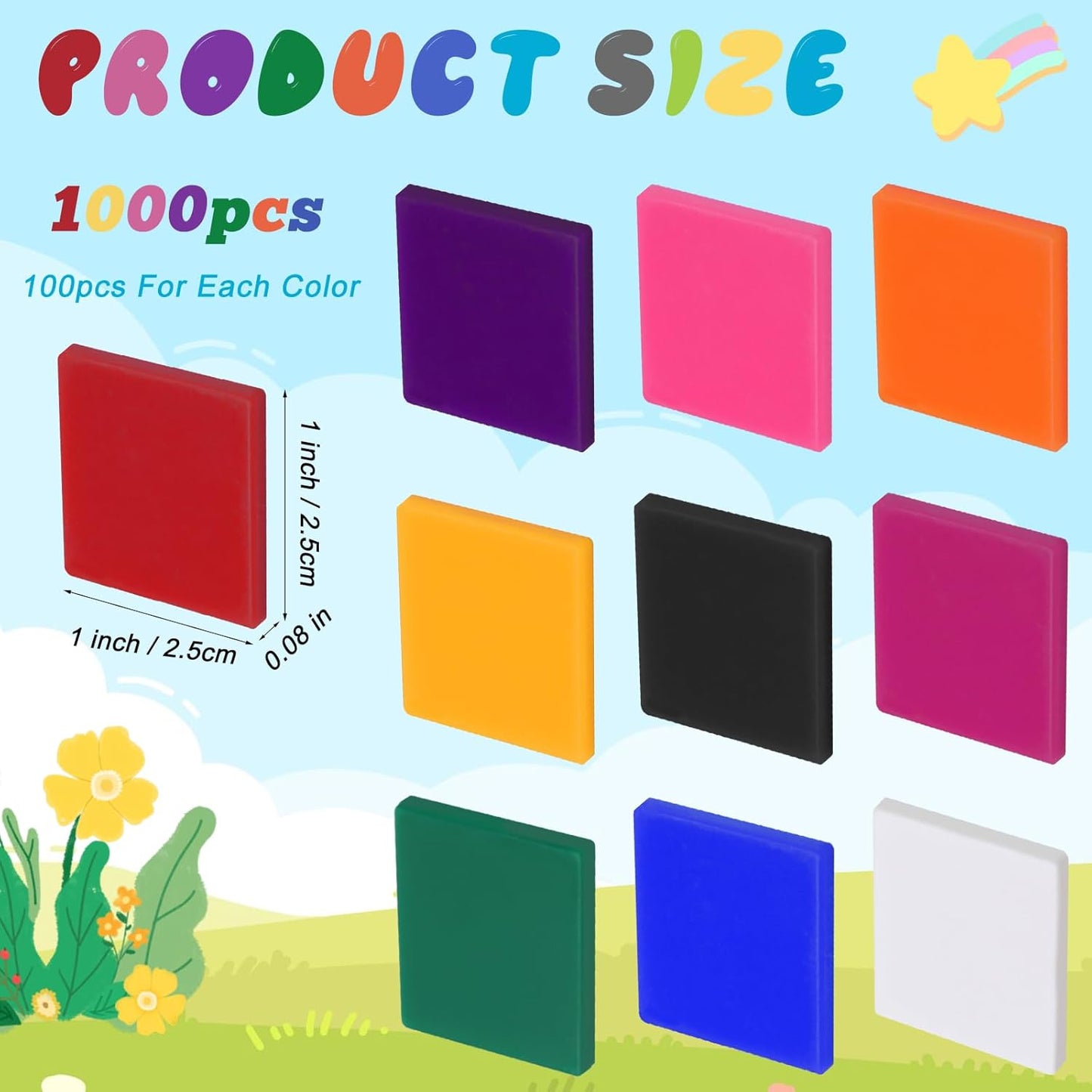 Coopay 1000 Pcs Plastic Square Color Tiles, Bingo Chips, Poker Chips, Color Sorting, Math Counters, Game Tokens, Counting Manipulatives for Kids Elementary School Classroom Learning Development Toys