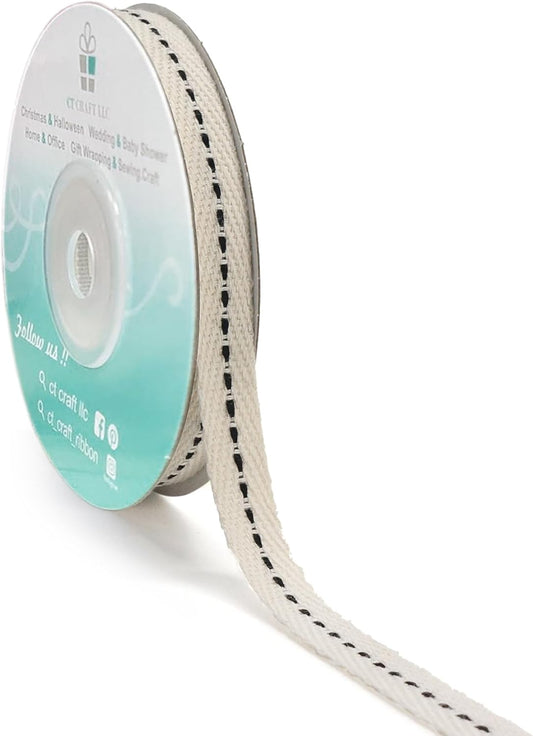 CT CRAFT LLC Ivory Cotton Black Stitched Ribbon 3/8" x 10 Yards for Home Décor Gift Present Wrapping DIY Crafts Birthday Wedding Bouquet Christmas