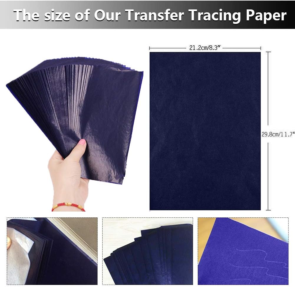 100 Sheets Carbon Transfer Paper,Blue Carbon Copy Paper Tracing Paper with 5pcs Double-end Embossing Stylus for Wood,Paper,Canvas and Other Art Surfaces (8.3 x 11.7 inch)