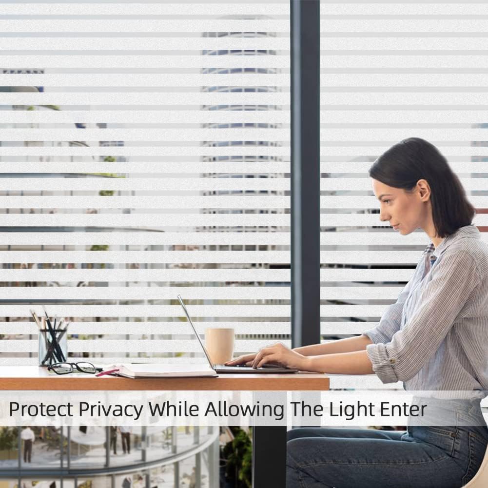 Qualsen Privacy Window Film, Frosted Windows Privacy Film, Frosting Cling for Glass, Anti-UV Reeded Blinds Sticker for Home Office Meeting Room, Stripe Patterns, 35.4x78.7inch