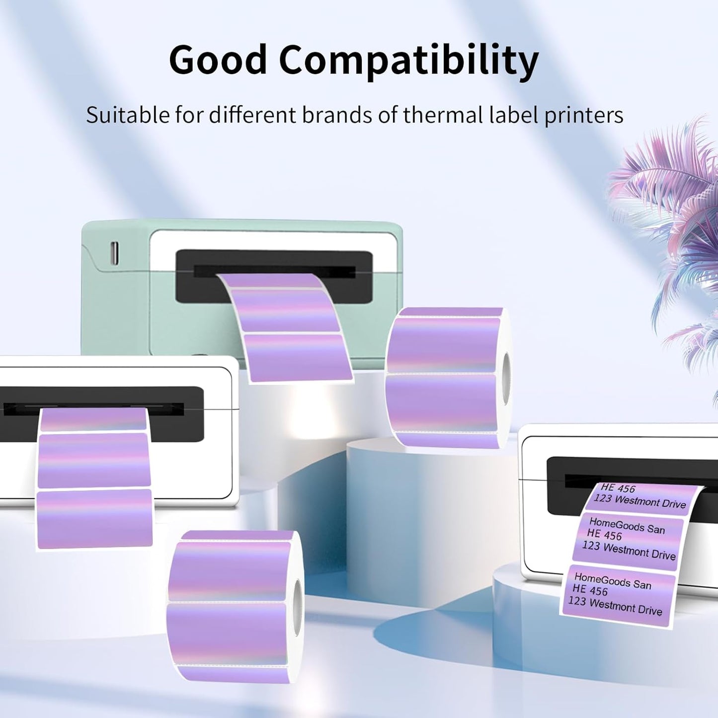 Direct Thermal Label 2x1 Inch- Barcode Labels- Holographic Thermal Sticker Labels for Address, Shipping, Compatible with Rollo Label Printer & MUNBYN& Zebra (300 Sheets/Purple)