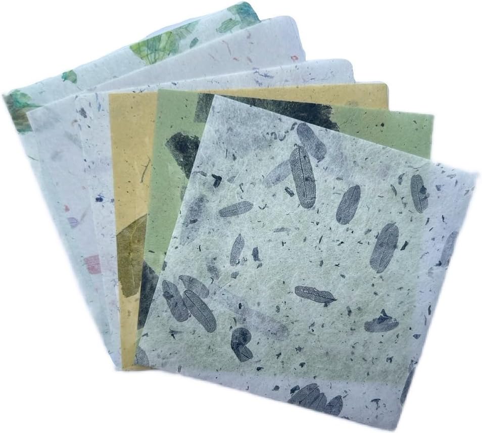 4" x 4" 50 Designs 50 Sheets Natural Fiber Tamarind Leaves,Banana Bark Mulberry Paper Sheets Art Tissue Washi Paper Design Craft Art Origami Suppliers Card Making (Mixed Colors,Tamarind Leaves etc.)