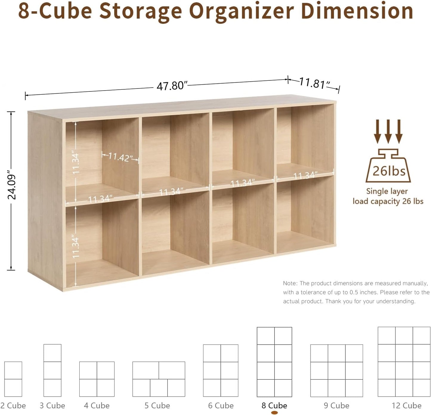 Wooden 8-Cube Storage Organizer with Closed Back Panel, 11in Cube Shelf Opening, Bookshelf, Display Shelf,Closet Cabinet for Home and Office,White Oak