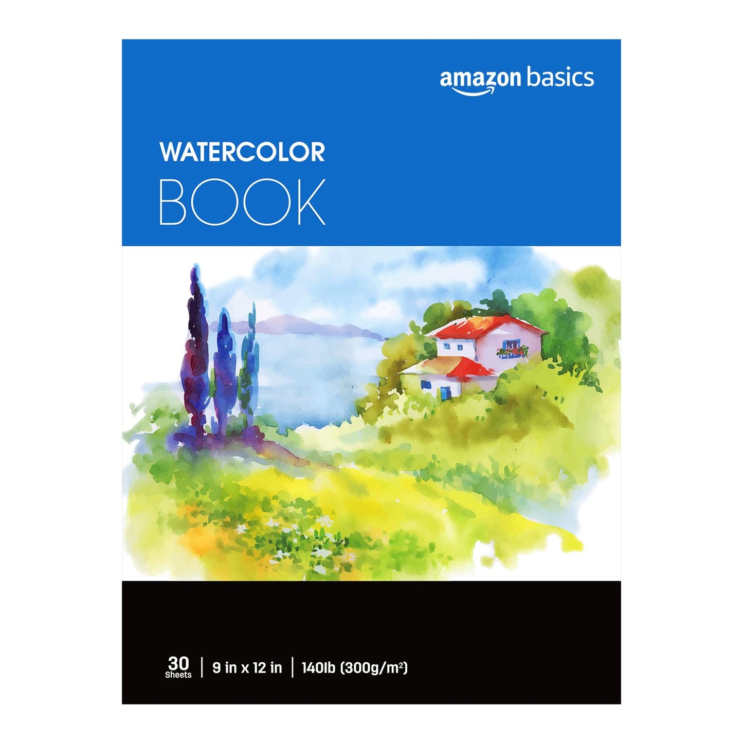 Amazon Basics Watercolor Pad, 9"x12", 140 lb / 300 gsm, 30 Sheets, White