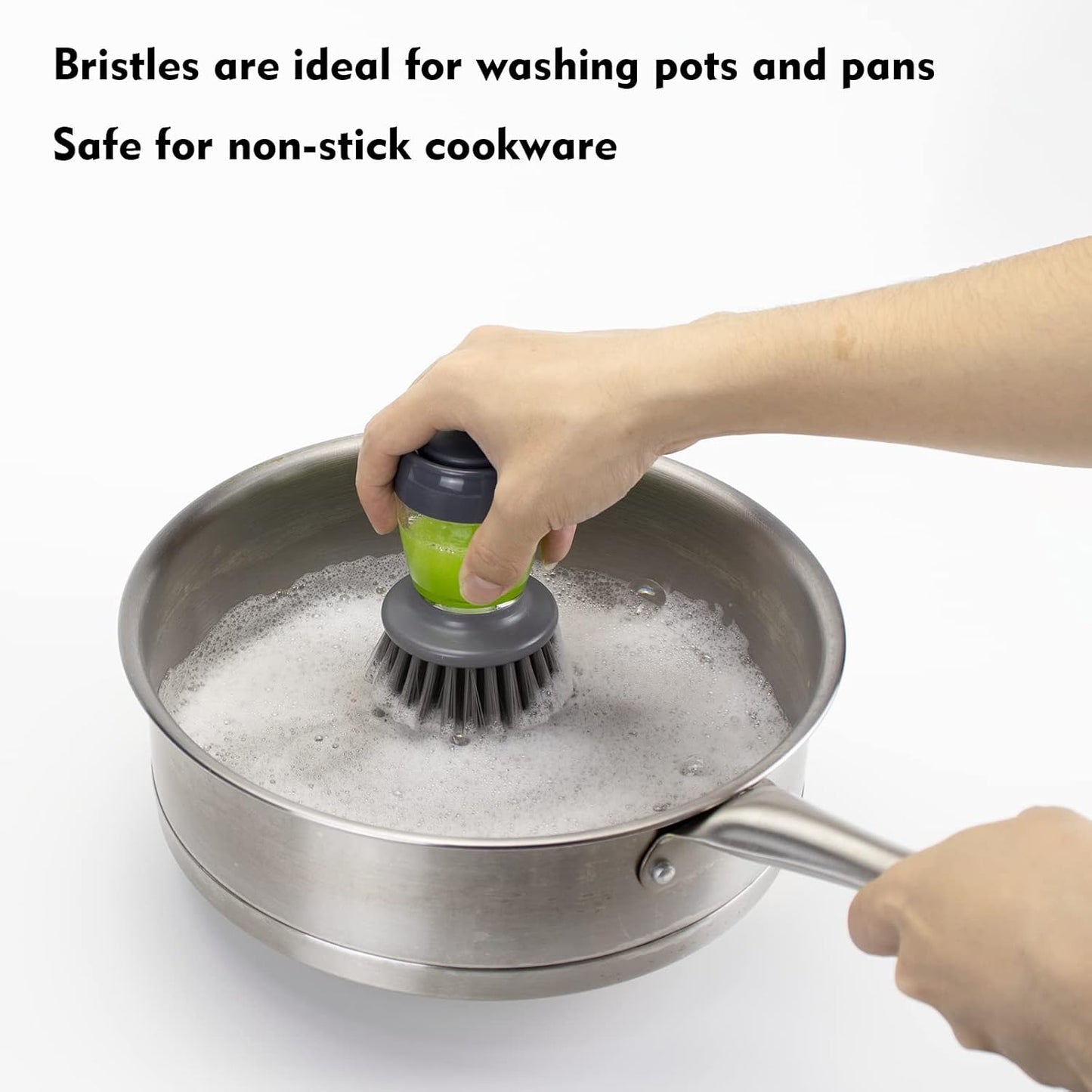 Dish Brush with Soap Dispenser, Kitchen Scrub Brush for Dishes Pots Pans Sink Cleaning, Dish Scrubber with Holder Set (Grey Handle & Nylon Bristles)