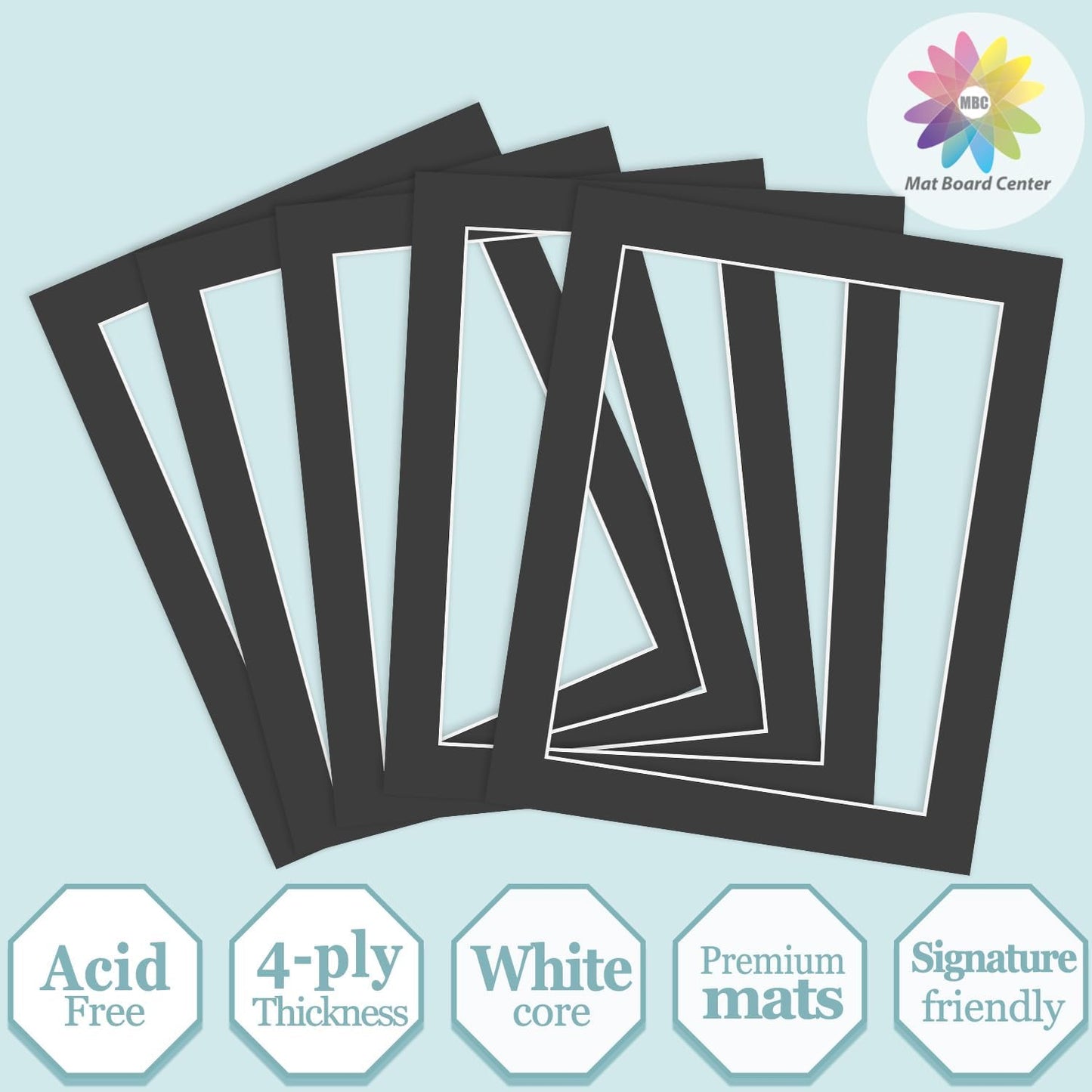 MBC Mat Board Center, 5 Pack 11X14 for 9X12 Black Picture Mats Frame Mattes, Bevel Cut, Acid Free, 4-Ply Thickness