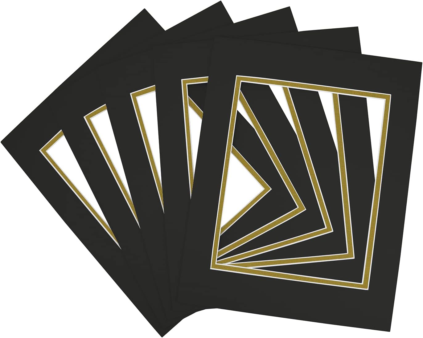Golden State Art, 11x14 Double Mats for 8x10 - for Photos, Pictures, Frames - Acid-Free, 5 Pack, Black Over Old Gold