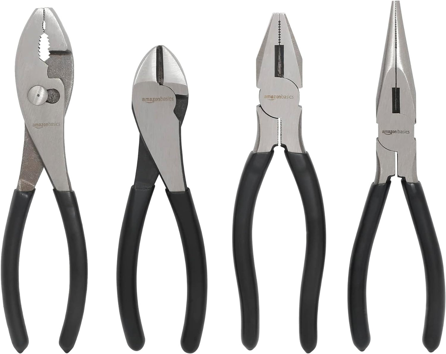 Amazon Basics Pliers Set, Hand Tools for Precision, Set of 4, Black and Silver