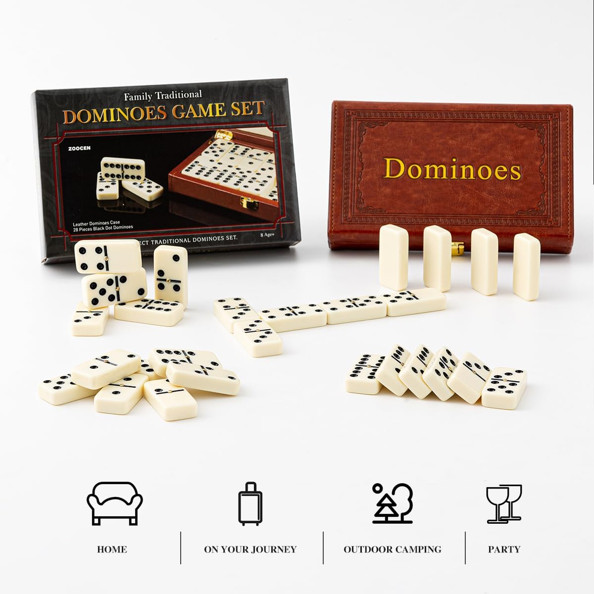 Double 6 Dominoes Set in Leatherette Case (28 Tiles with Spinner), Ivory