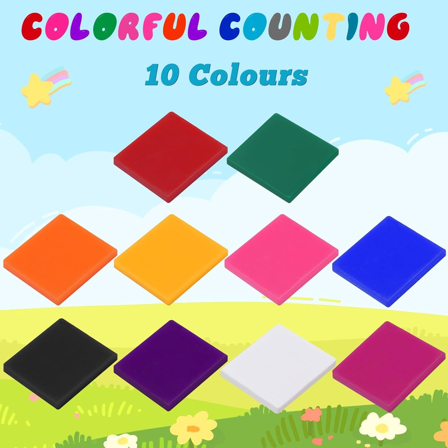 Coopay 1000 Pcs Plastic Square Color Tiles, Bingo Chips, Poker Chips, Color Sorting, Math Counters, Game Tokens, Counting Manipulatives for Kids Elementary School Classroom Learning Development Toys