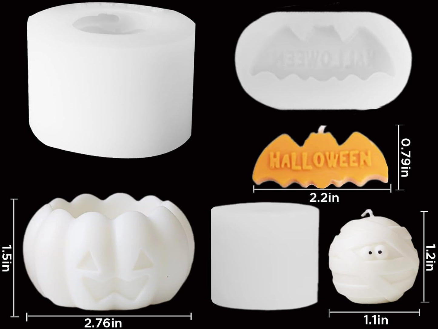 3 Pcs Halloween Candle Silicone Molds Set, DIY Letter Bat, Mummy Ball and 3D Pumpkin Container Mould for Candle Making, Wax Gypsum Ornament Resin Soap Chocolate Mold Home Decor