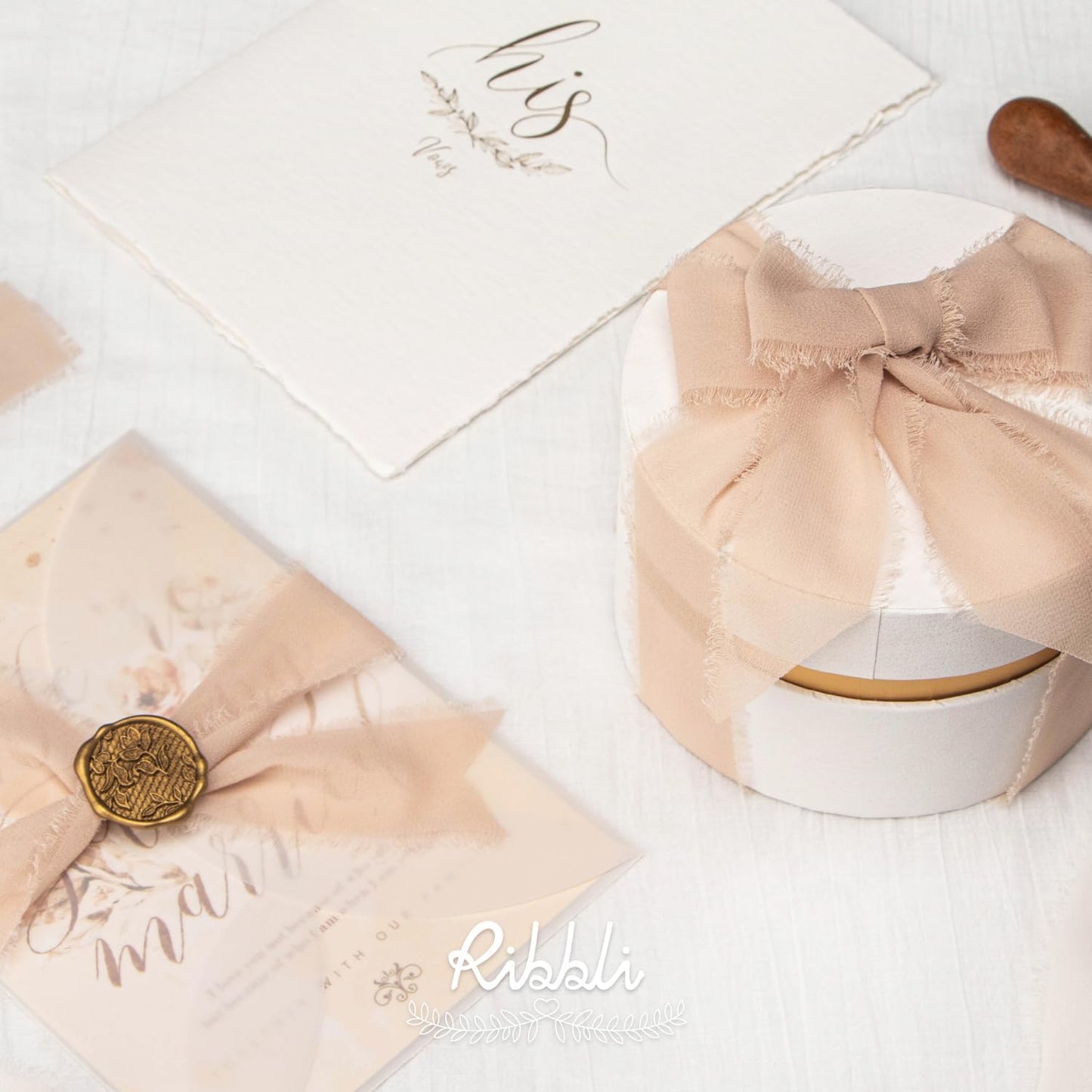 Ribbli Beige Chiffon Ribbon 1-1/2 inch x 20 Yard Handmade Fringe Silk Ribbon for Wedding Invitations, Bridal Bouquets Wrapping, Flower Arrangement Decoration