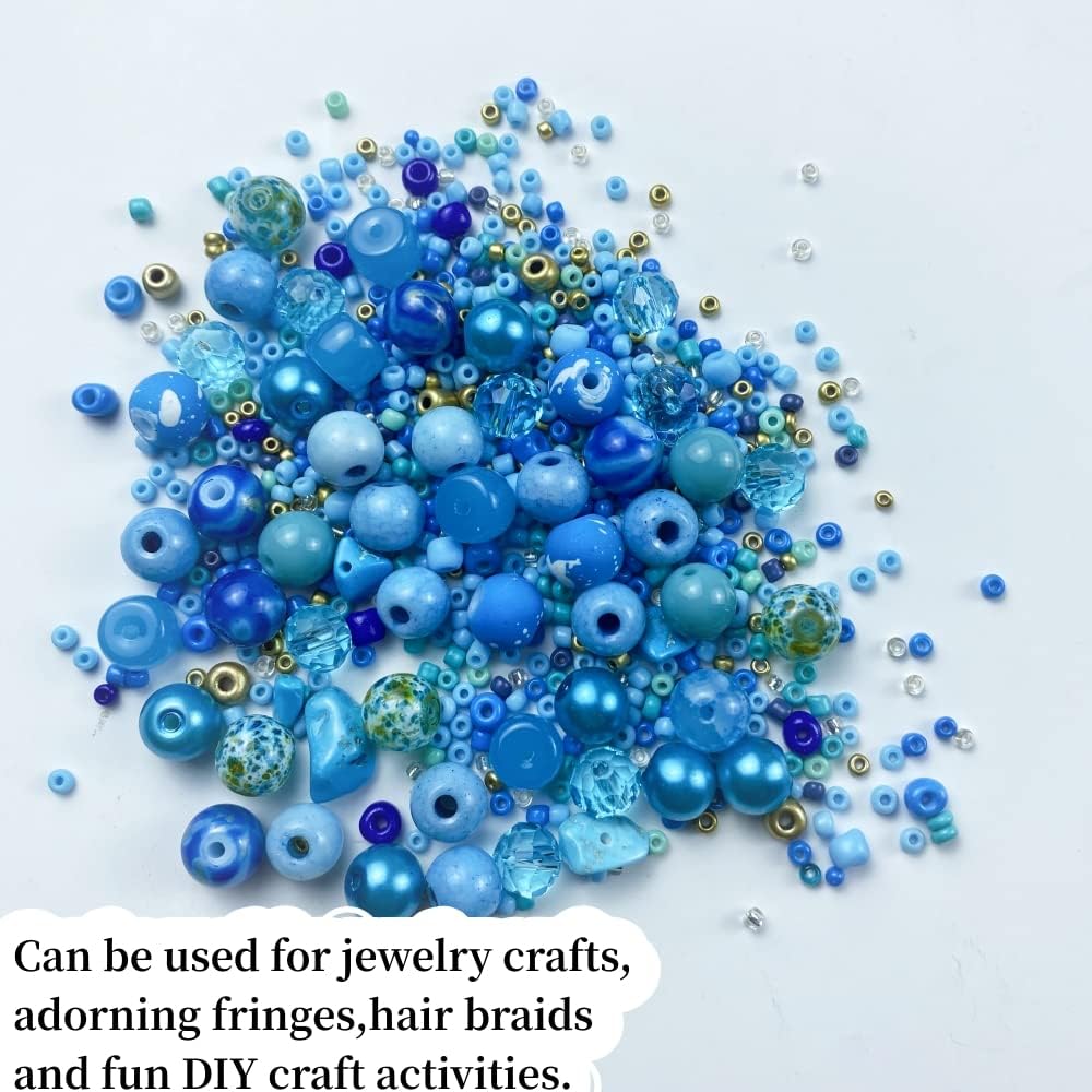 Assorted Glass Resin Beads Multi Size Colors Smooth Cracked Gravel Millet Spacer Beads for Bracelets Necklace Earring DIY Jewelry Making Craft(Lake Blue Series)