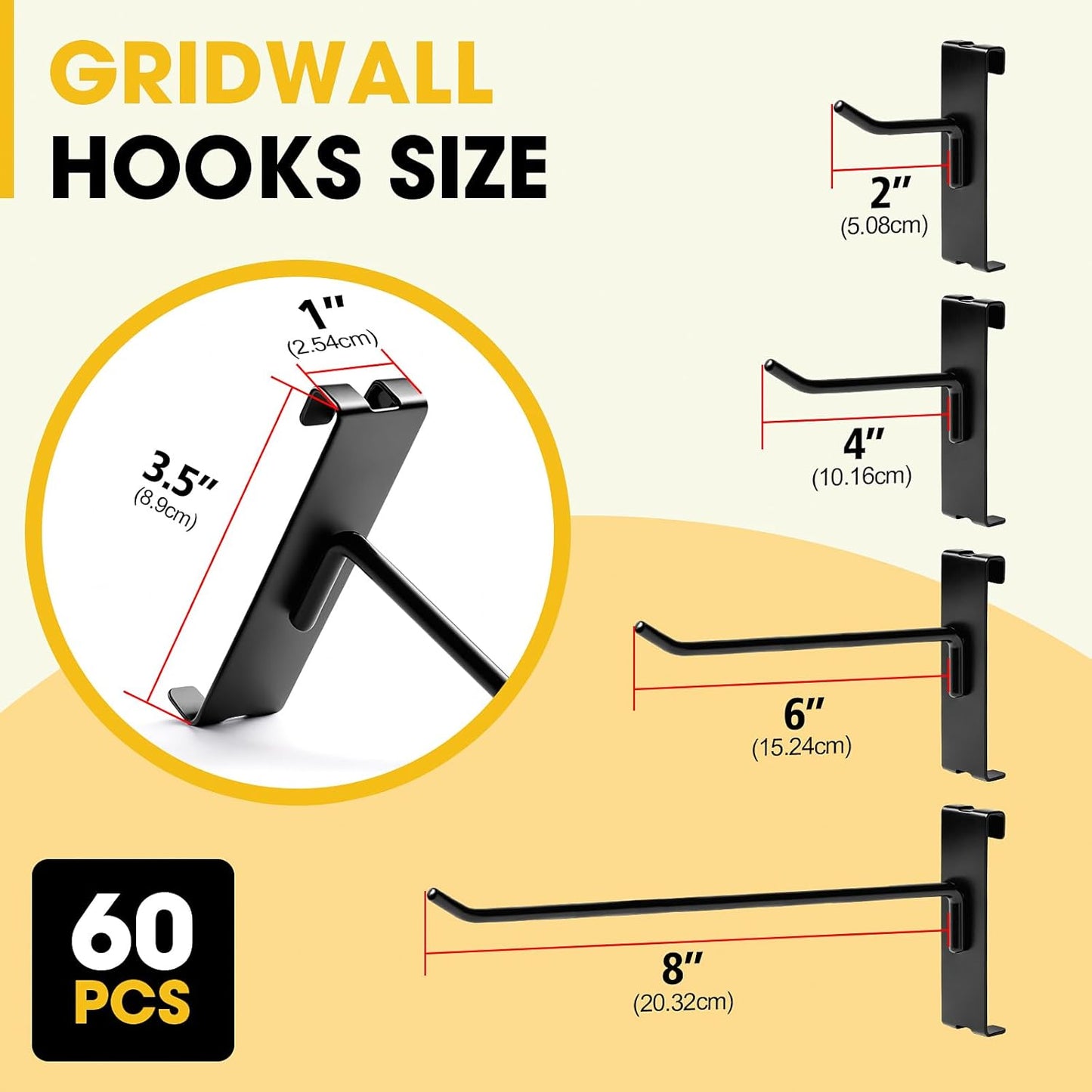 Gridwall Hooks 6 Inch, 60 Pack Heavy Duty Display Hooks for Grid Wall, Grid Panel Hooks Hangers, Grid Wall Accessories for Retail, Craft Shows, Home Setup, and Customized Display, Black
