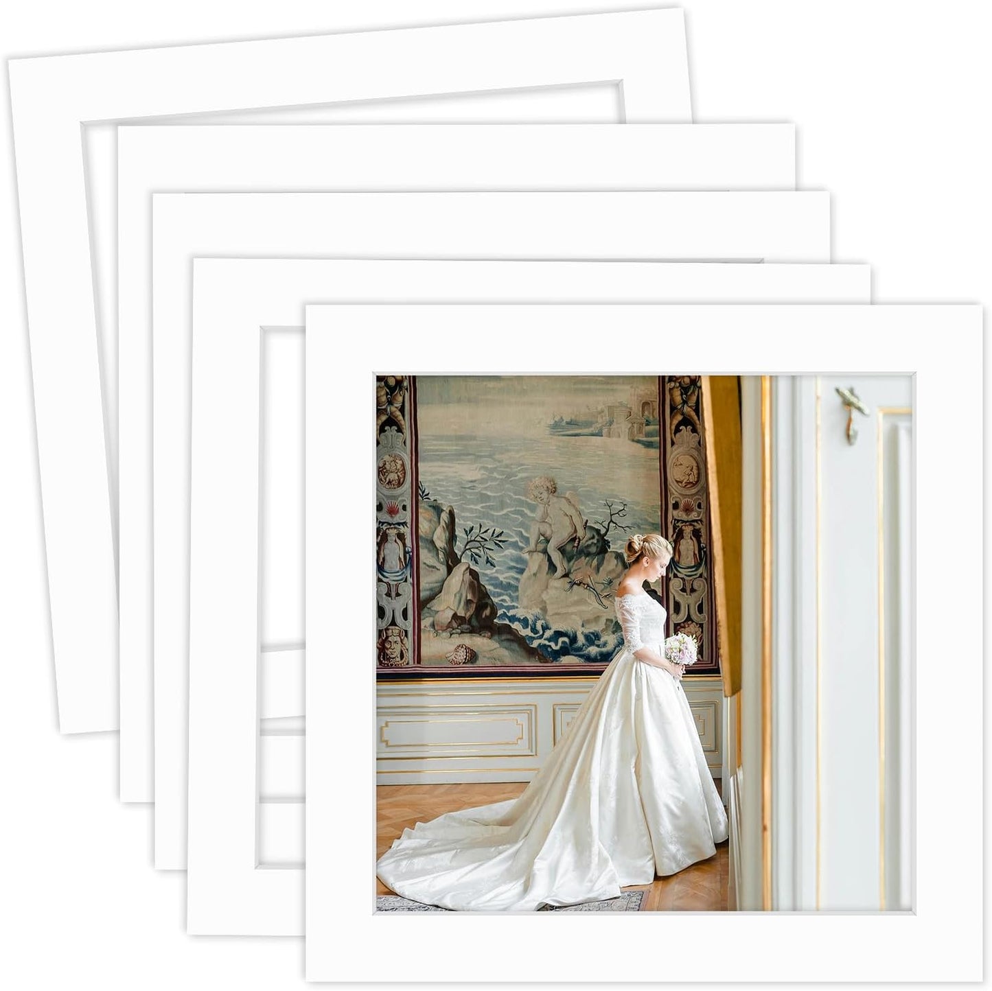 MBC Mat Board Center, 5 Pack 12x12 for 10x10 White Picture Mats Frame Mattes, Bevel Cut, Acid Free, 4-ply Thickness