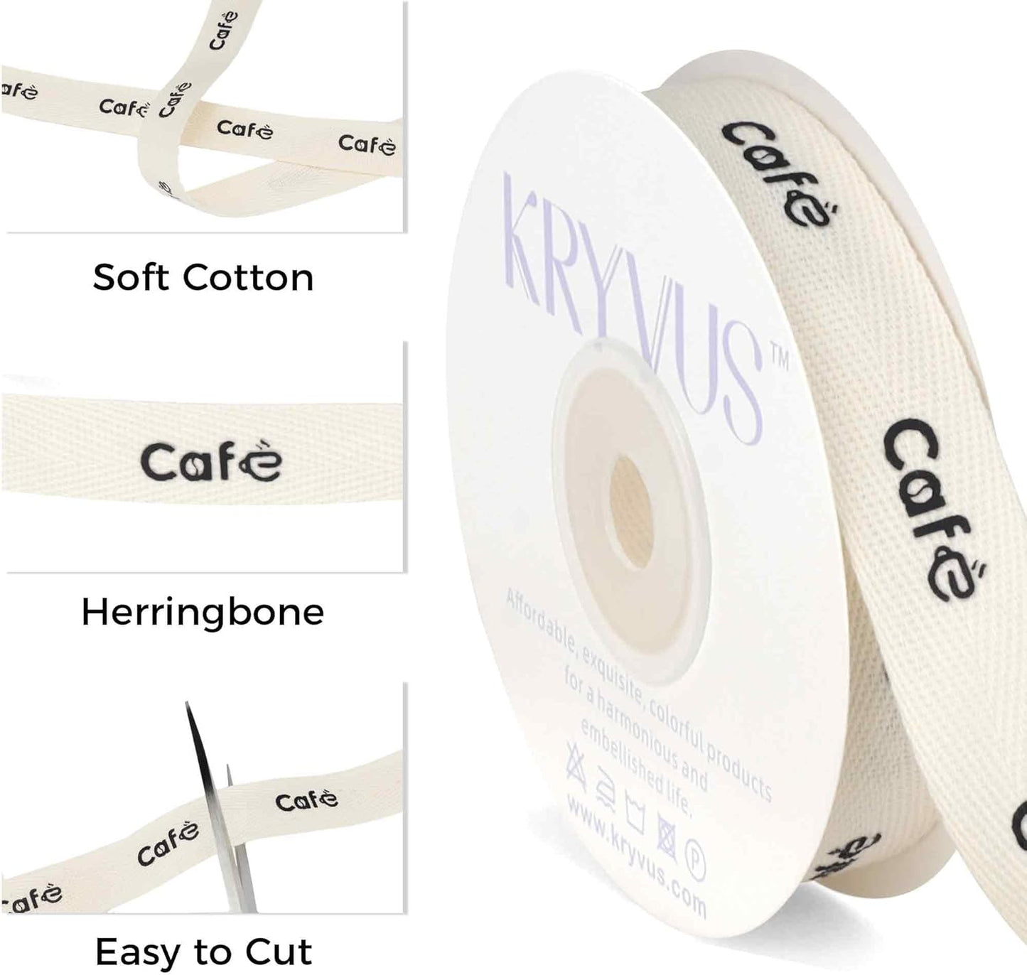 Cafe Print Ribbon - 5/8 Inch x 12 Yards Natural Twill Tape Ribbon, Cotton Herringbone Ribbons for Gift Wrapping, Party, Coffee Bar Decoration