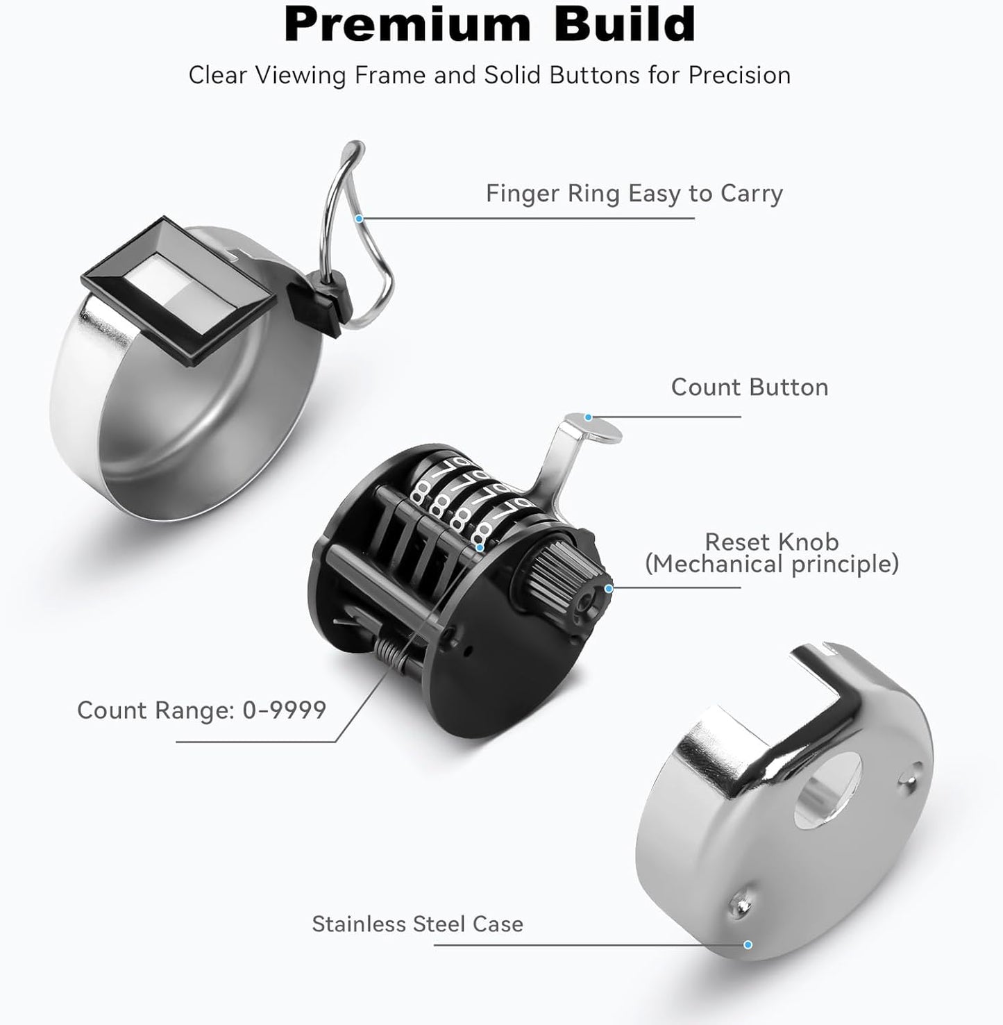 Clicker Counter, Metal Hand Tally Counter Clicker with 4 Digit Display, Pitch Counter for Golf Stroke, Baseball, Coaching, Knitting, Lap, Row Sport, Silver