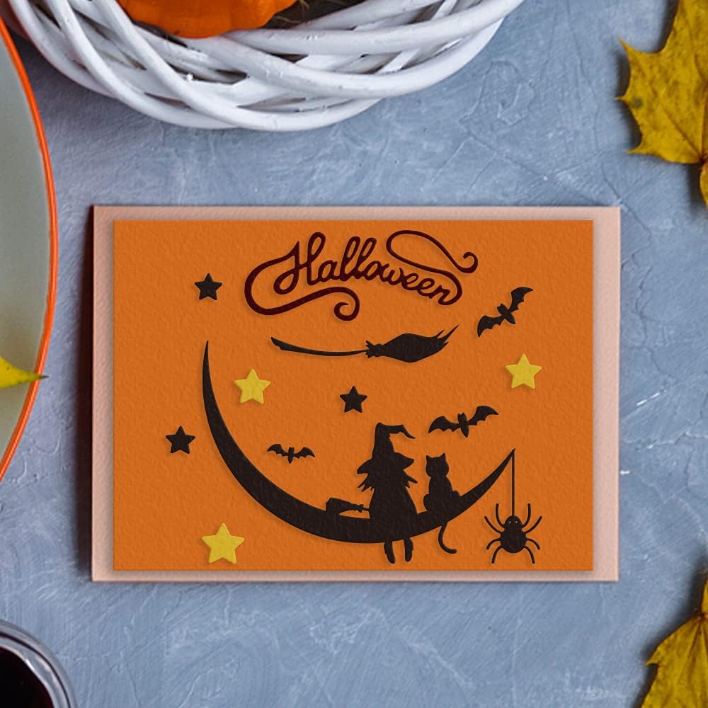 Metal Halloween Die Cuts Moon Cat Spider Star Witch Cutting Dies Embossing Stencil Template for Card Making Scrapbooking Paper Craft Album Stamps DIY Halloween Décor