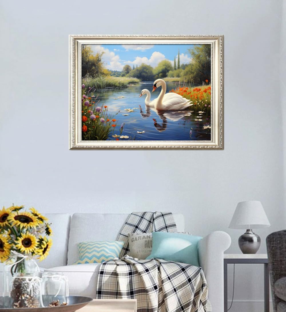 Leczany Cross Stitch Stamped Kit for Adults or Kids - Two Swan Lakes | DIY Embroidery Starter Patterns Craft Kit Needlepoint for Beginner | 11CT, 3 Strands | 22.1x15.8 inches