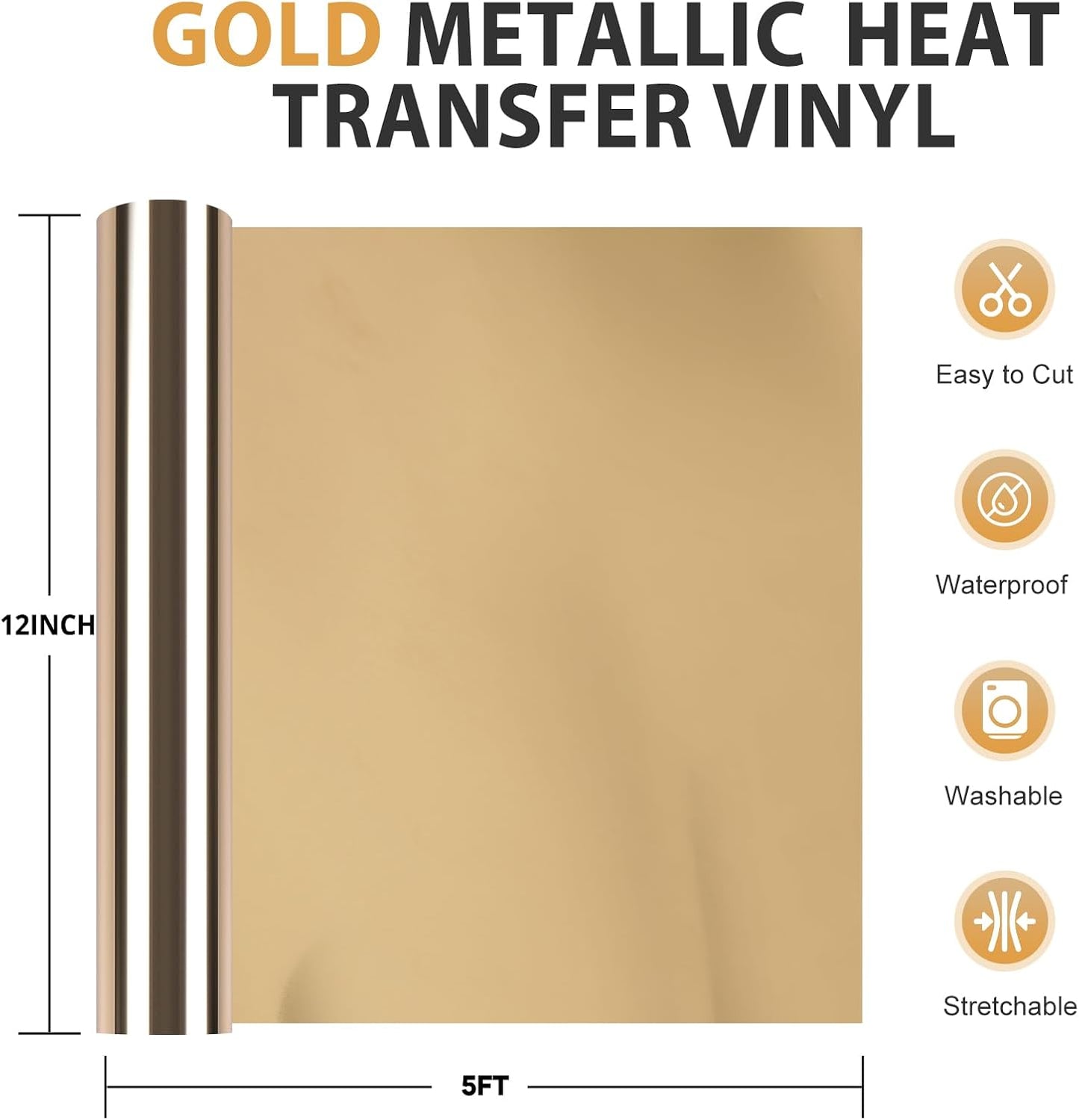 HTVRONT Gold Chrome Heat Transfer Vinyl - 12" X5ft Mirror Metallic Gold Iron on Vinyl, Metallic Foil HTV Vinyl Roll for T-Shirts, Chrome HTV Easy to Cut & Weed