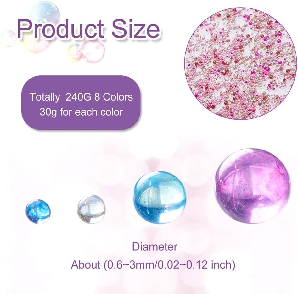 240g Mini Glass Bubble Beads 0.6-3mm Droplet Fillers Crystal Micro Caviar No Hole for Resin Inclusion DIY Pendant Jewelry Crafts Nail Art Decoration, 8 Colors