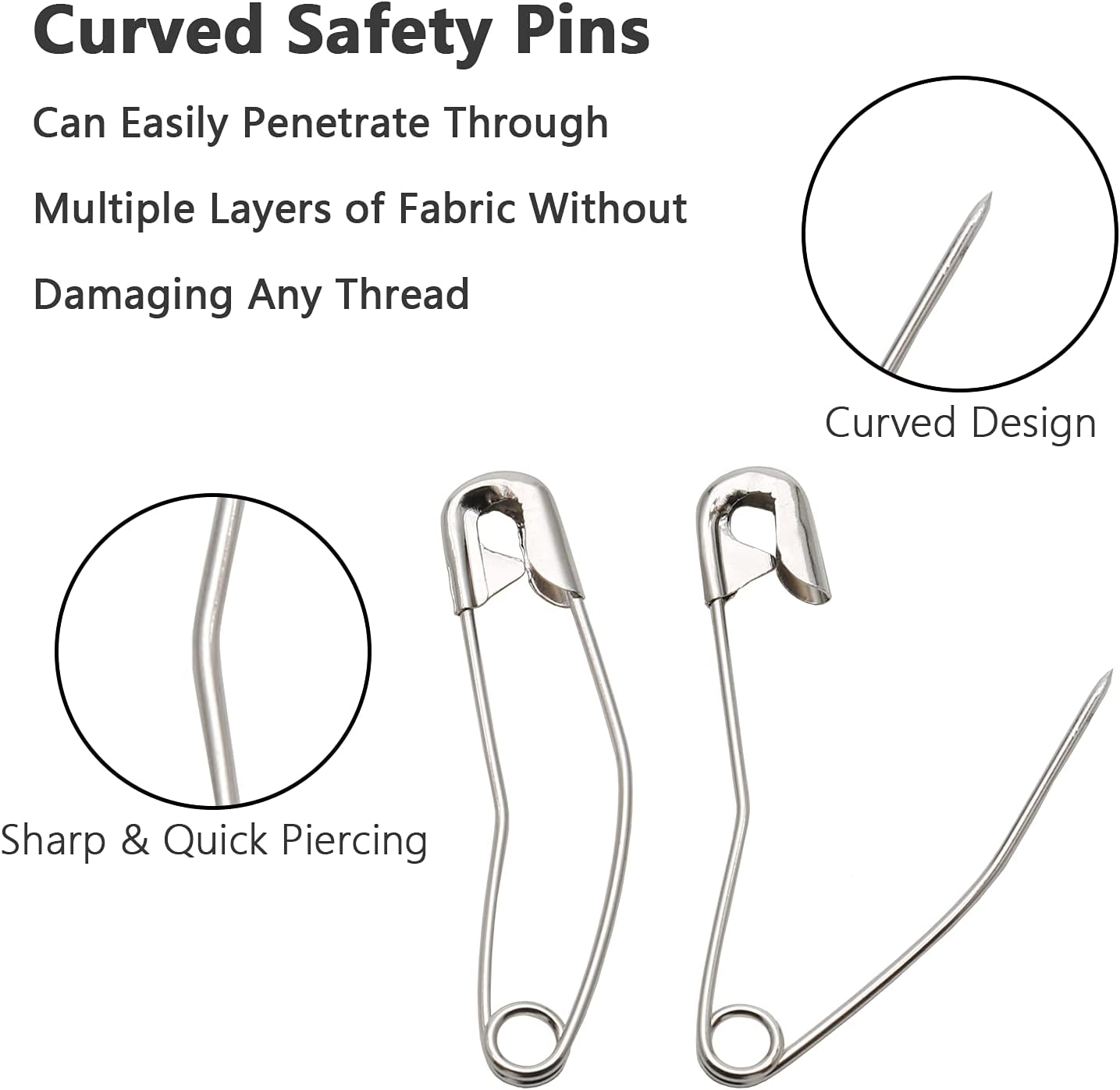 100Pcs Curved Safety Pins Size 3, 2" / 50mm Quilting Basting Pins, Bent Safety Pins for Quilting and Knitting (Sliver)