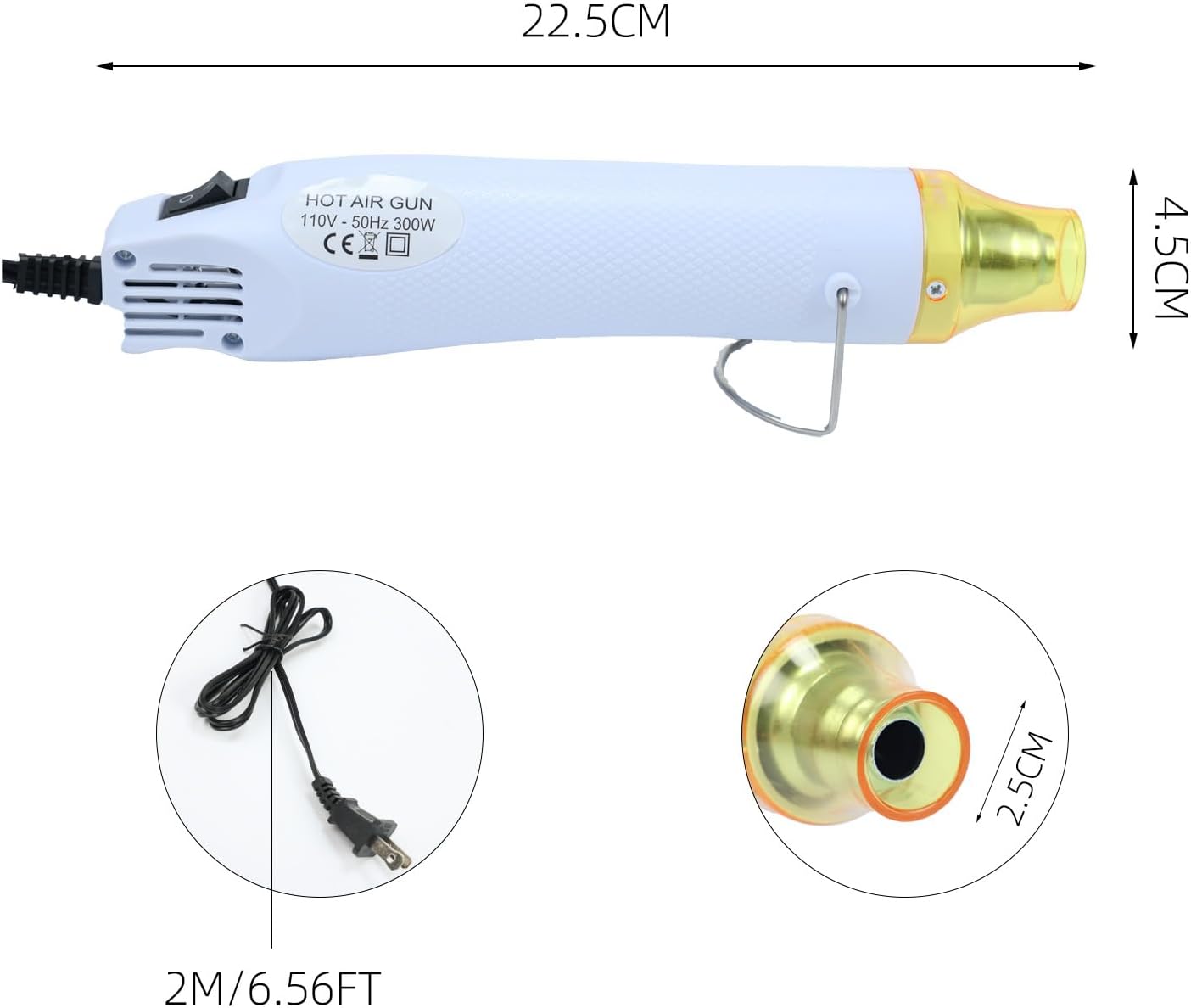 Heat Gun for Crafting, 110V 300W Handed Hot Air Gun, 3.28FT Ultra-Long Cable Portable Heat Gun with Stand and Power Cord for Shrinking Wrapping PVC, DIY Embossing and Drying Paint (White)