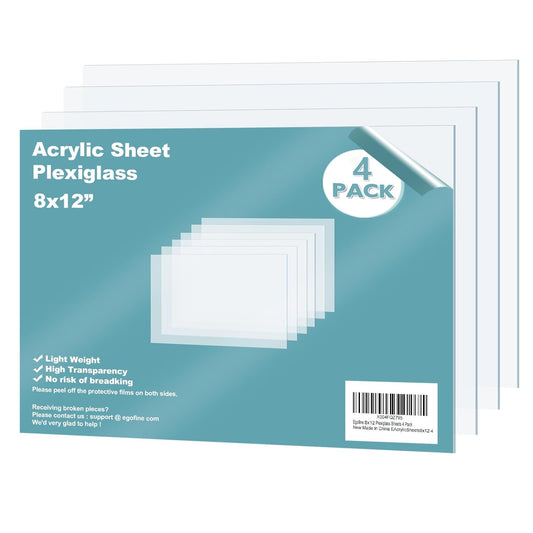 Egofine Plexiglass Sheets Acrylic Sheets 4 Pack of 8x12’’ 0.04 Thick Clear Plastic Cast Transparent Plexi Glass for Crafting Projects, Replacement Picture Frame Glass, DIY Display, Easy to Cut