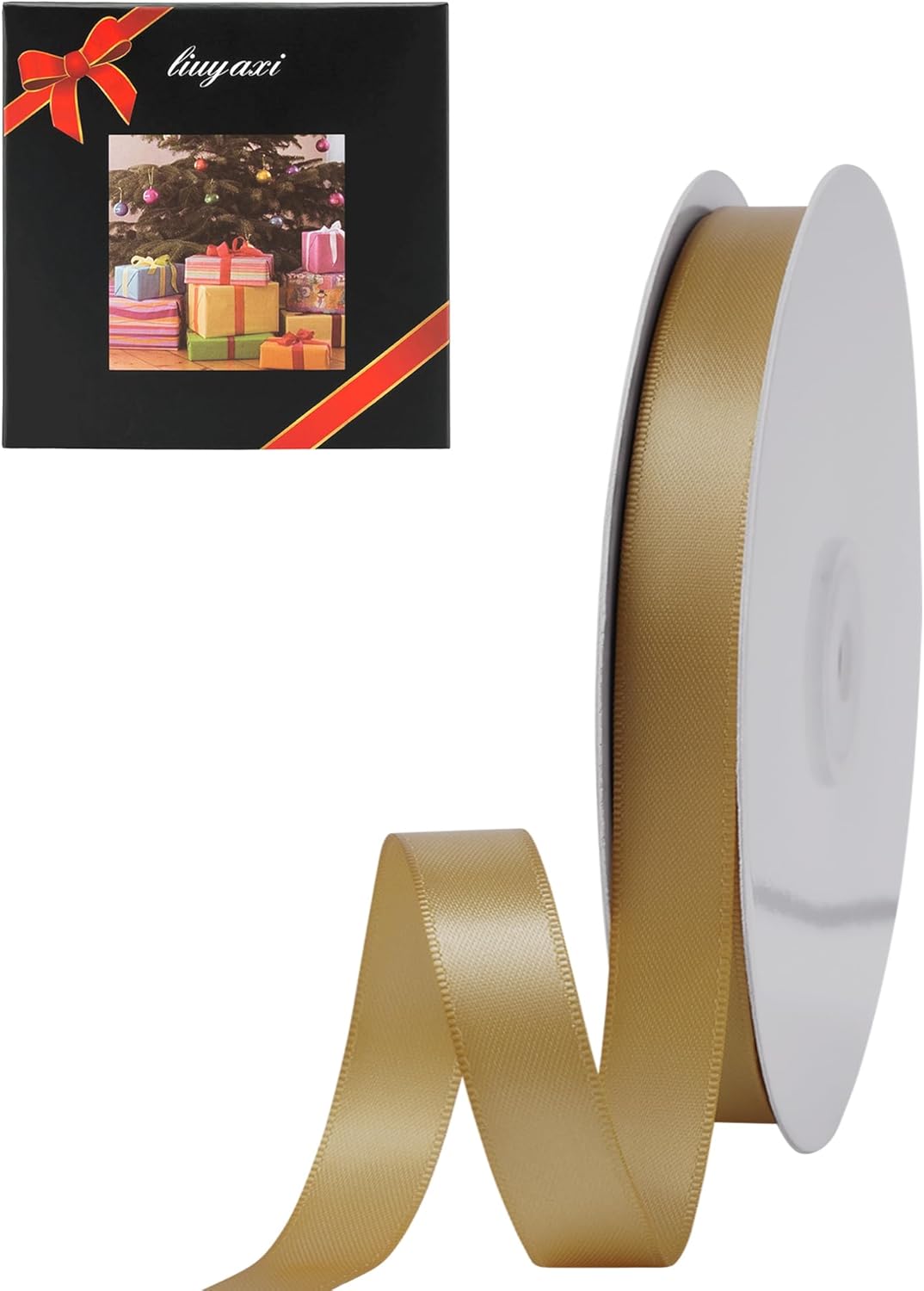 LIUYAXI Pale Gold Satin Ribbon, Double Faced 5/8" X Continuous 25 Yards Ribbons Perfect for Gift Wrapping Bows Bouquet Wedding Craft and More