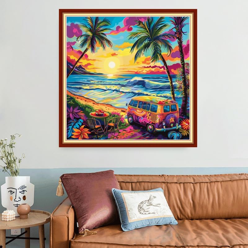 Joyhoor Stamped Cross Stitch Kits for Beginners, Needlepoint Kits for Adults, 11CT Counted Embroidery Kits-Drinking Tea by Seaside 18x18 inchs