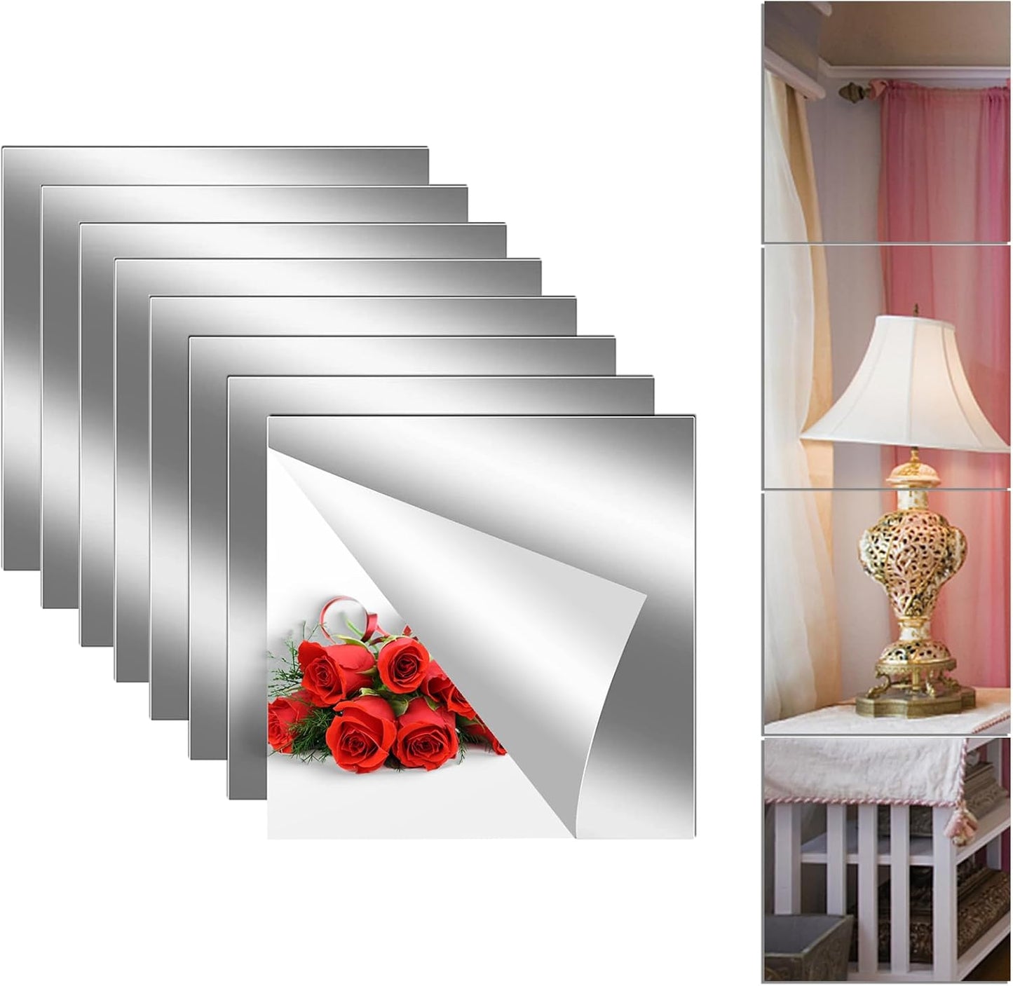 8PCS Self Adhesive Acrylic Mirror Tiles, Flexible Mirror Sheets Wall Stickers, Frameless Non-Glass Mirror Stickers Reflective Mirror for DIY Craft, Home Wall Decor (20 * 20cm,2mm)