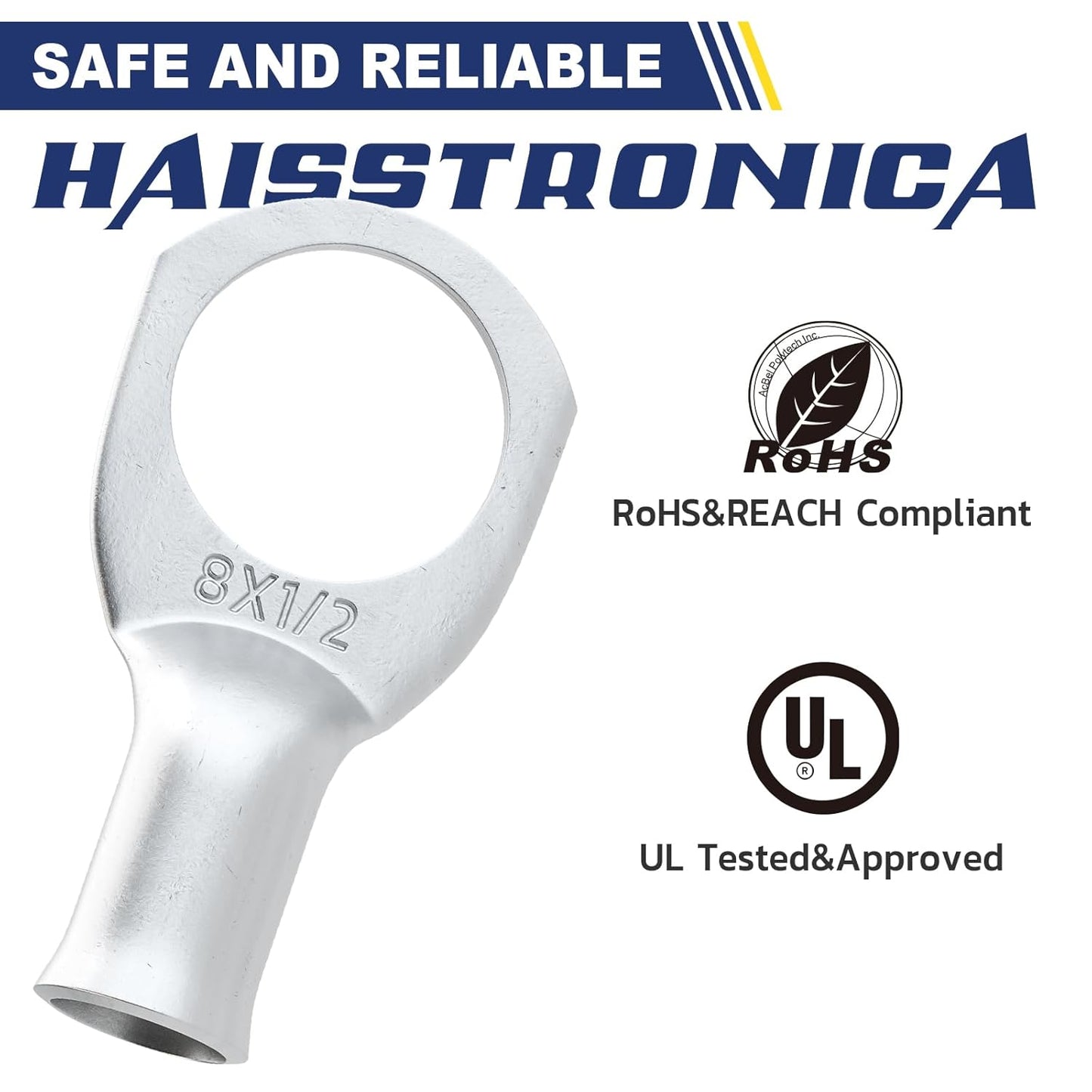 haisstronica 10pcs 8 AWG - 1/2" (M12) Tinned Copper Battery Lugs, Heavy Duty Copper Wire Lugs with 10pcs 3:1 Adhesive Heat Shrink Tubing, 8 Gauge Wire Lugs, Tinned Copper Battery Cable Ends