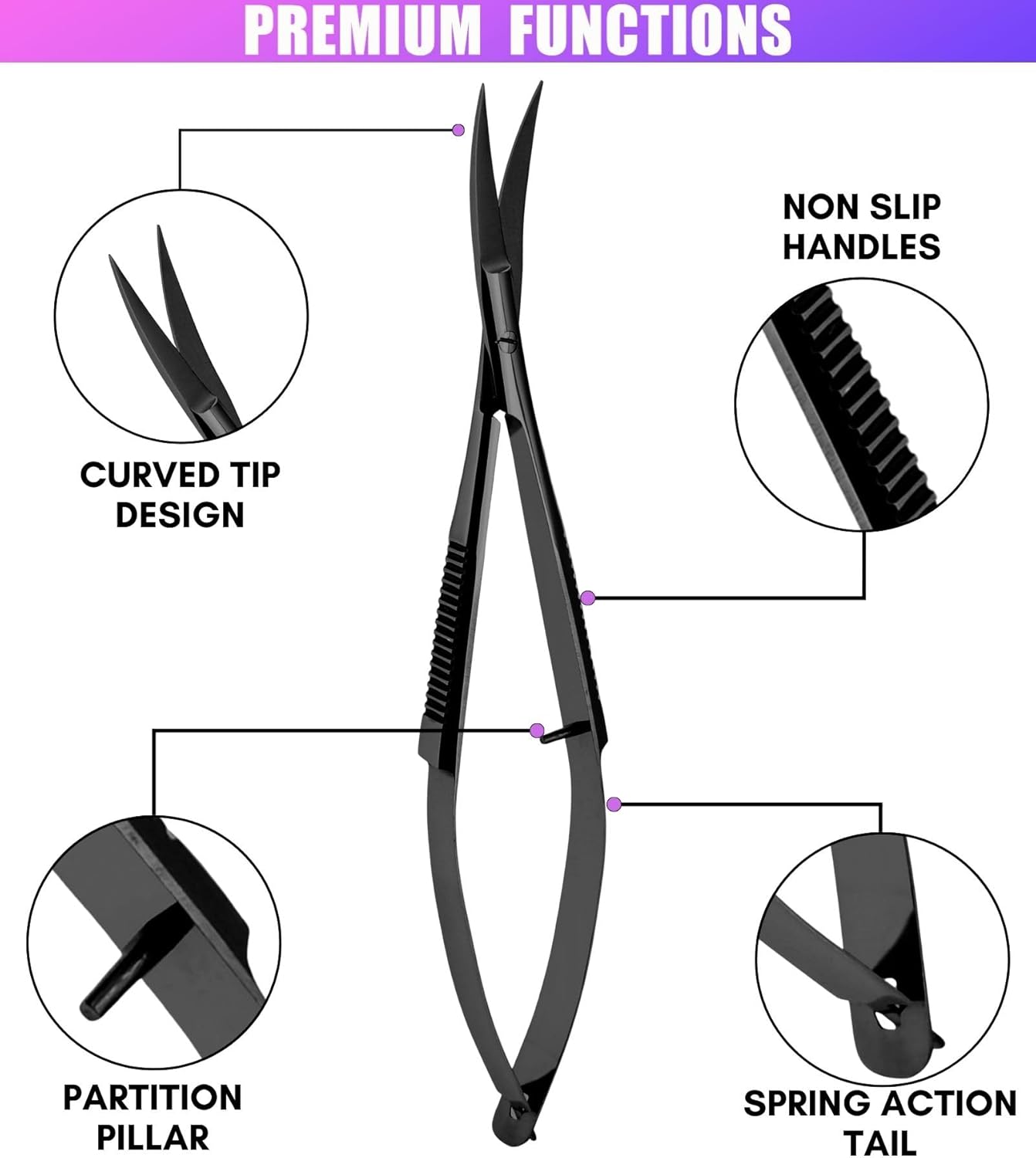 Cross Edge Curved Spring Scissors 5 Inch Stainless Steel Precision Eyebrow & Eyelash Shaping & Trimming Scissor, Snips Squeeze, Embroidery, Knitting Micro Tip Craft Scissors (Black)