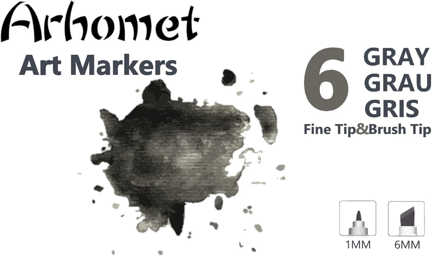 6pcs Grey Gray Alcohol Markers Set for Building Interior Design, Dual Tips Art Markers Drawing Sketched Double Tipped for Adults Kids (Cool Grey)