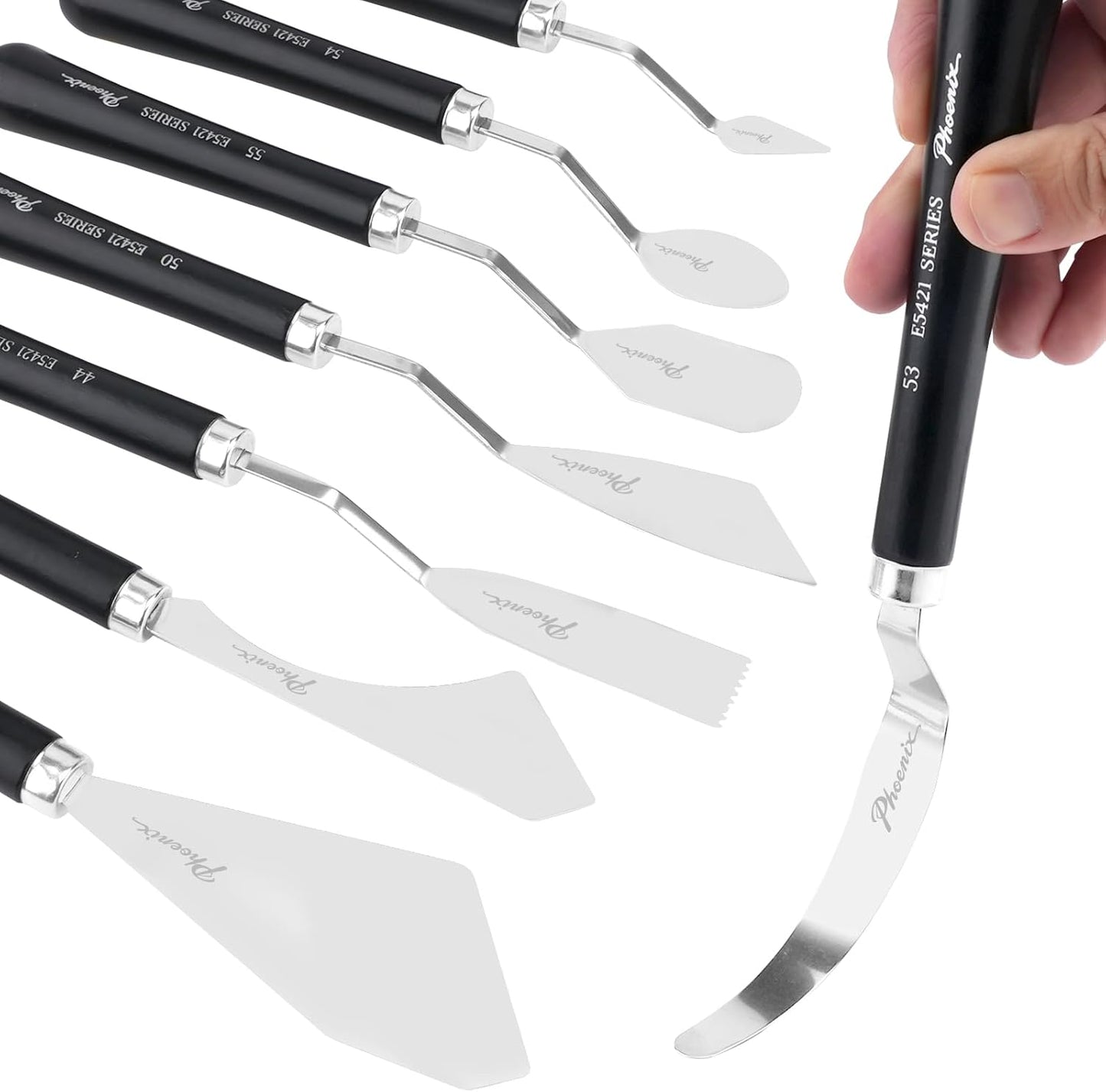 PHOENIX High Flexible Palette Knife Set, 8 Pieces Stainless Steel Painting Knives (32,54,55,50,44,56,53,51) Art Knife with Wood Handle, Paint Spatula for Oil Acrylic Paint
