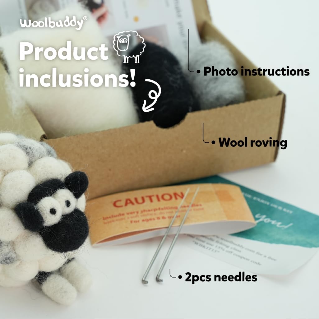 Woolbuddy Needle Felting Kit for Beginners & Adults – DIY Sheep Animal Craft Kit – Complete Starter Set with Wool, Needles & Step-by-Step Instructions