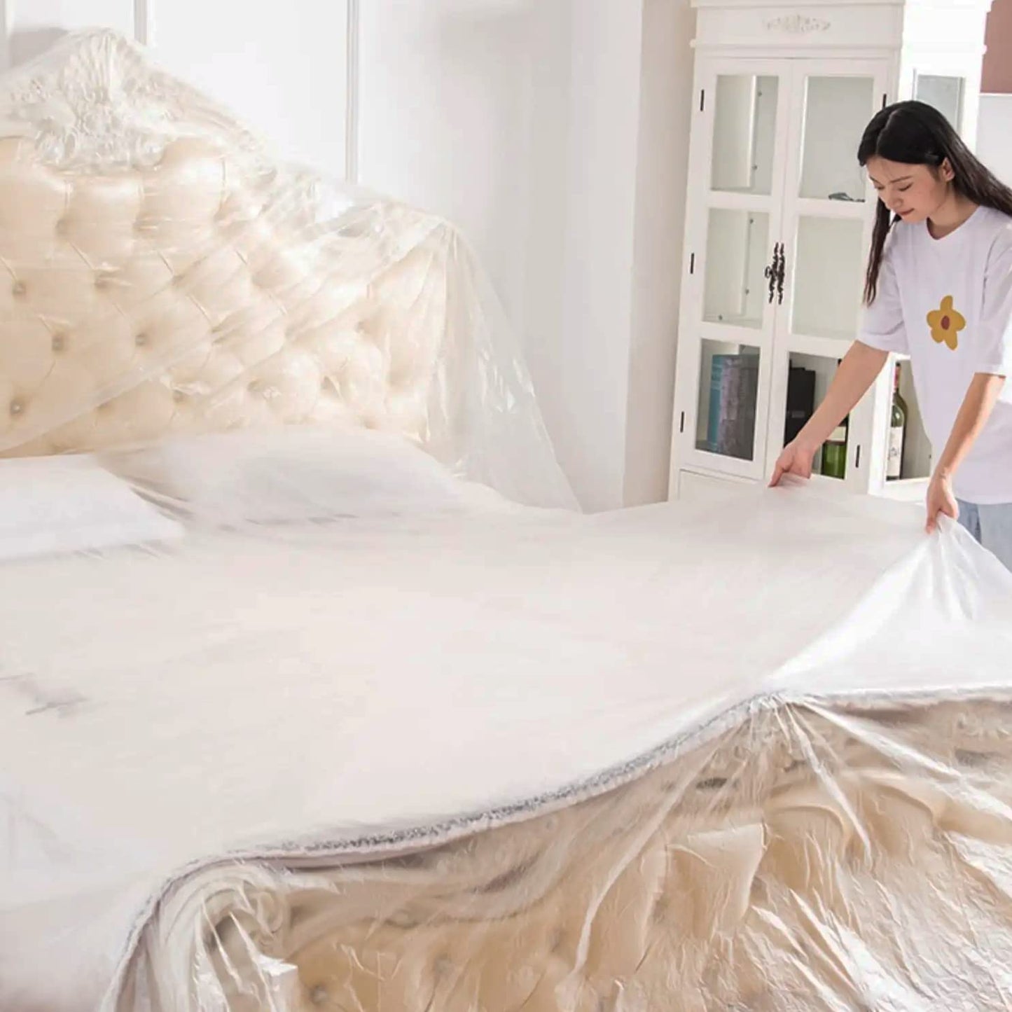 LLPT Tape and Drape 35.4”(Unfolded) x 66 Ft Each 2 Pack Pre-Taped Masking Film 0.27 Mil Painters Plastic Drop Cloth for Auto Wall Furniture Painting Protection (MFT902)