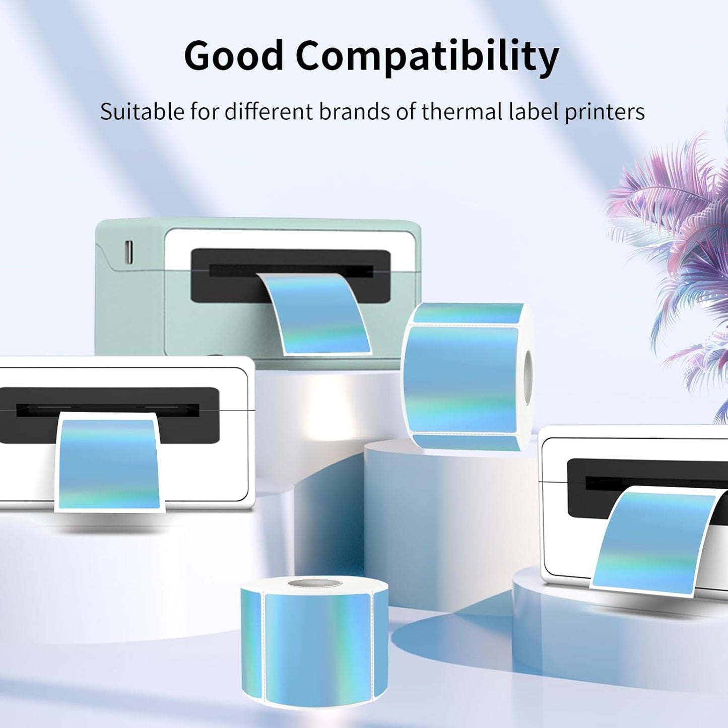 2" x 2" Square Thermal Labels Stickers, Holographic Thermal Stickers Labels, Waterproof Glitter Direct Thermals Label for Small Business, DIY Design- Holographic Blue