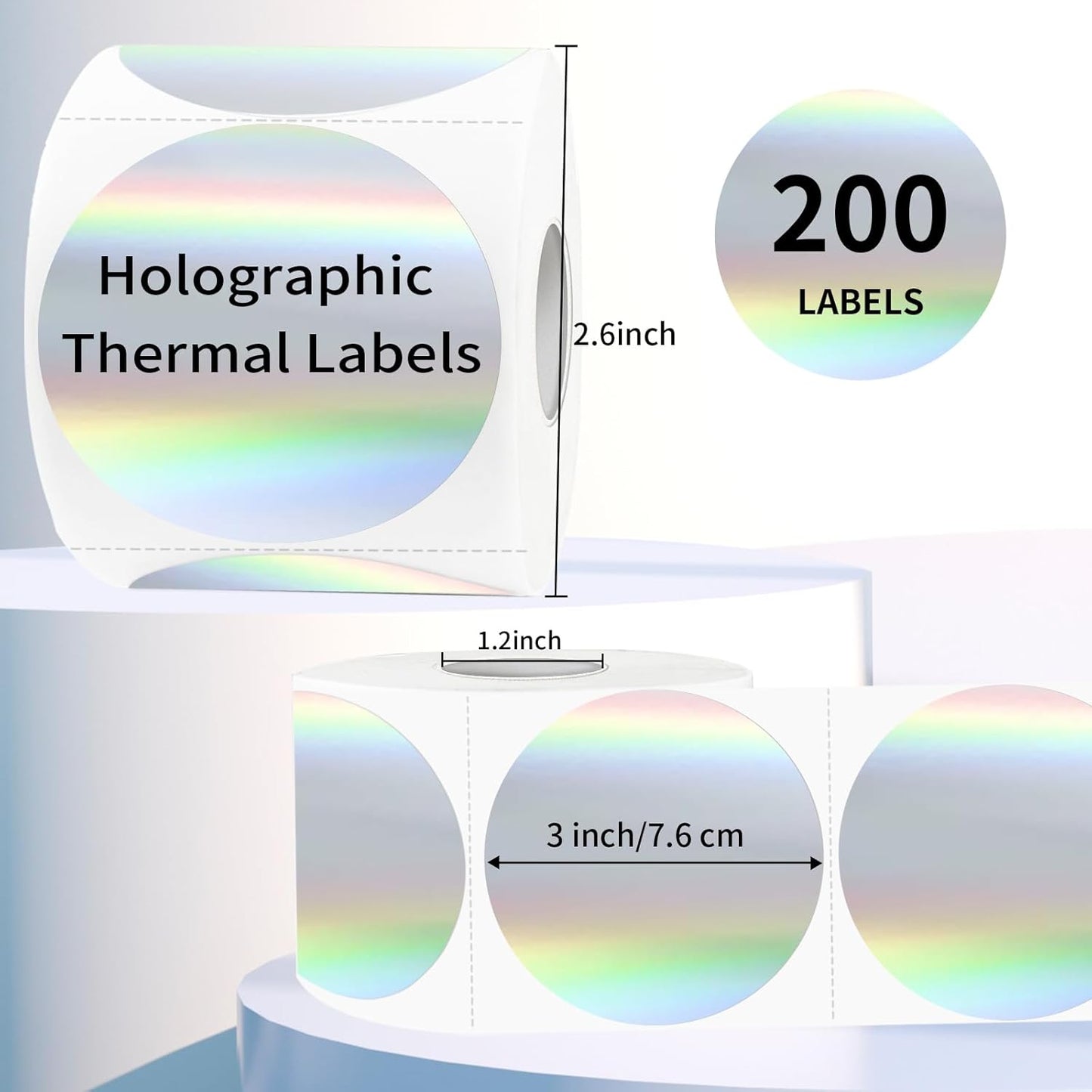 3" Holographic Direct Thermal Label Stickers, Round Printable Rainbow Glitter Thermal Printer Sticker Labels for Gift Wrapping, Self-Adhesive DIY Custom Logo Design- Holographic Silver