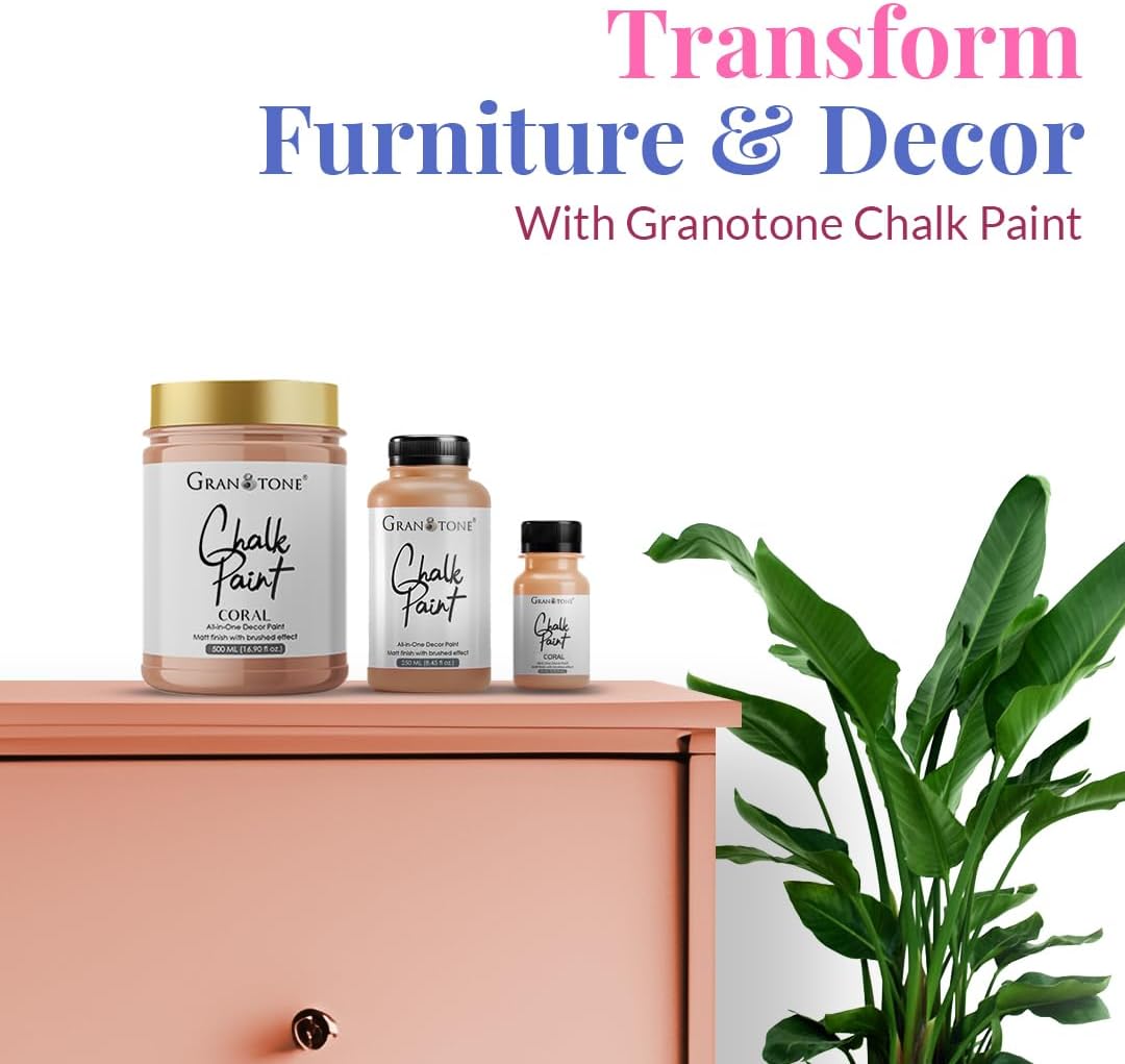 GRANOTONE Chalk Paint for Furniture | Matt-Finish Water-Based Acrylic Paint for Wood, Walls, Metal, Glass, Paper, Fabric Canvas | Maximum Coverage Chalk Paint for Kids & Adults, 250 Ml (CORAL)