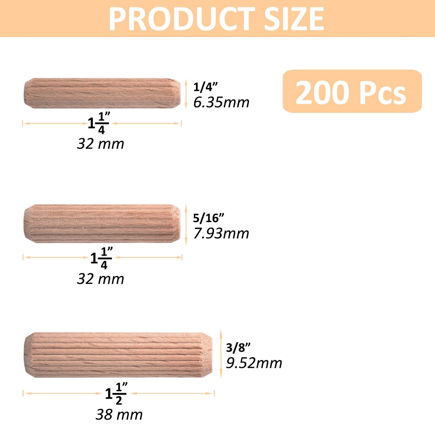1/4-Inch Wooden Dowel Pins - 200 Pcs 1/4 x 1-1/4 inch Fluted Wood Dowels Rods,Hardwood Crafts Dowel Pegs ,Beechwood